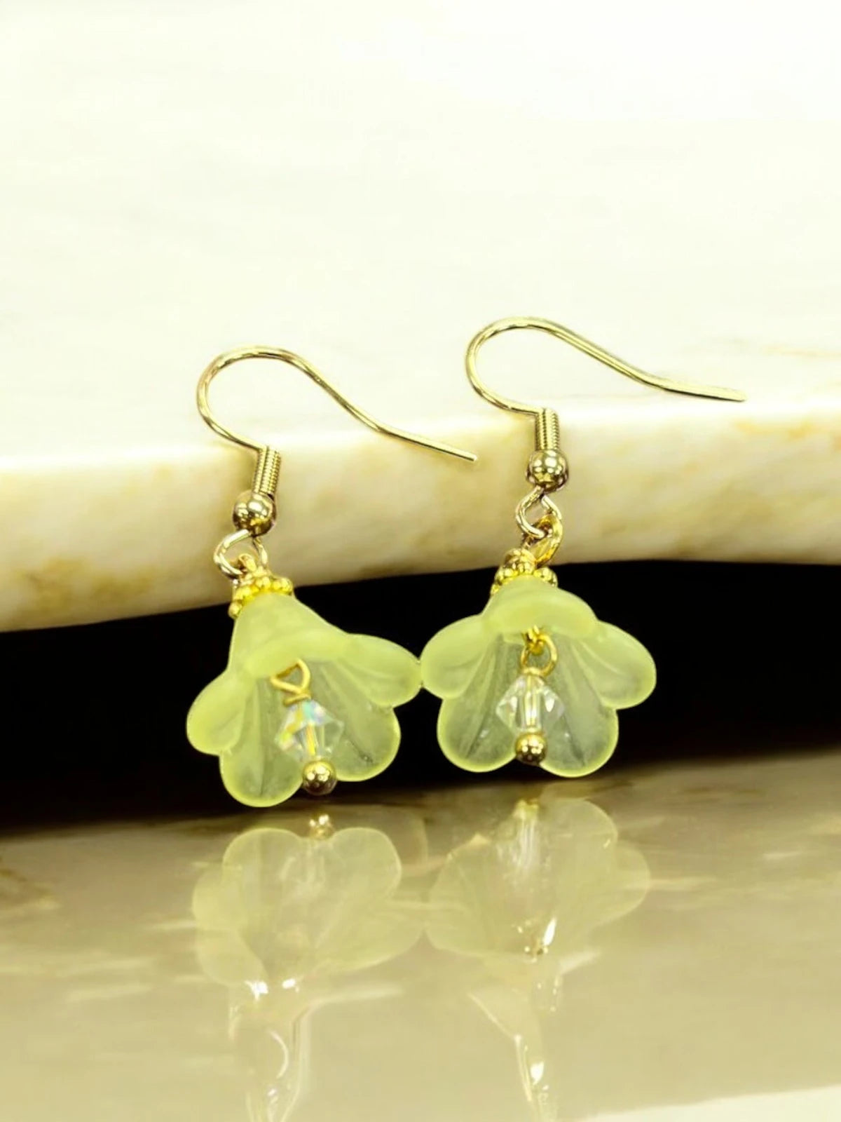 Delicate Lucite Flower Single Dangle Earrings with Austrian Crystal | Handmade | Assorted Colors