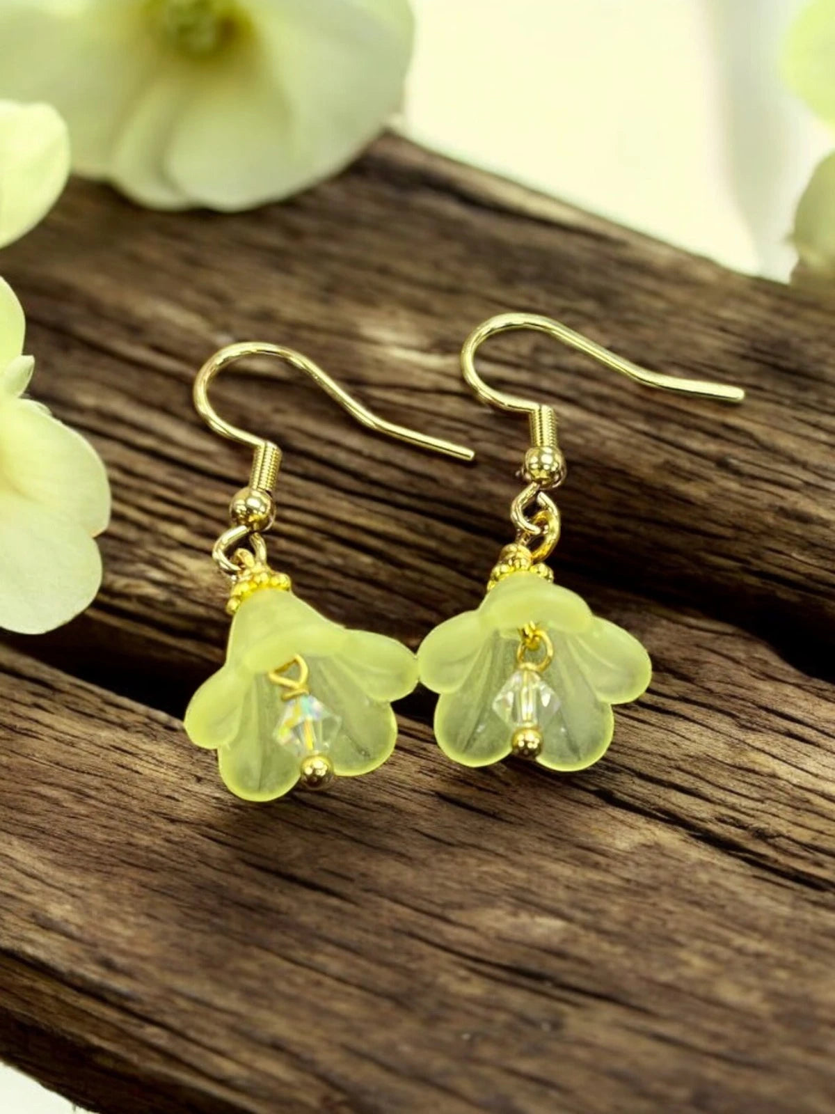 Delicate Lucite Flower Single Dangle Earrings with Austrian Crystal | Handmade | Assorted Colors