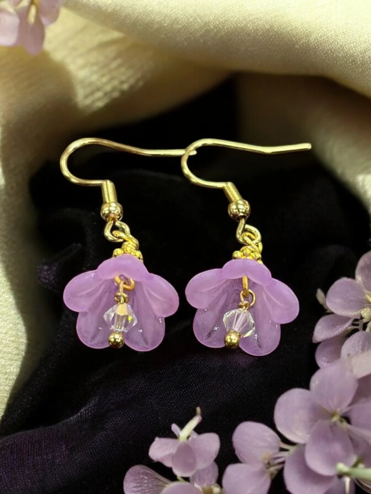 Delicate Lucite Flower Single Dangle Earrings with Austrian Crystal | Handmade | Assorted Colors