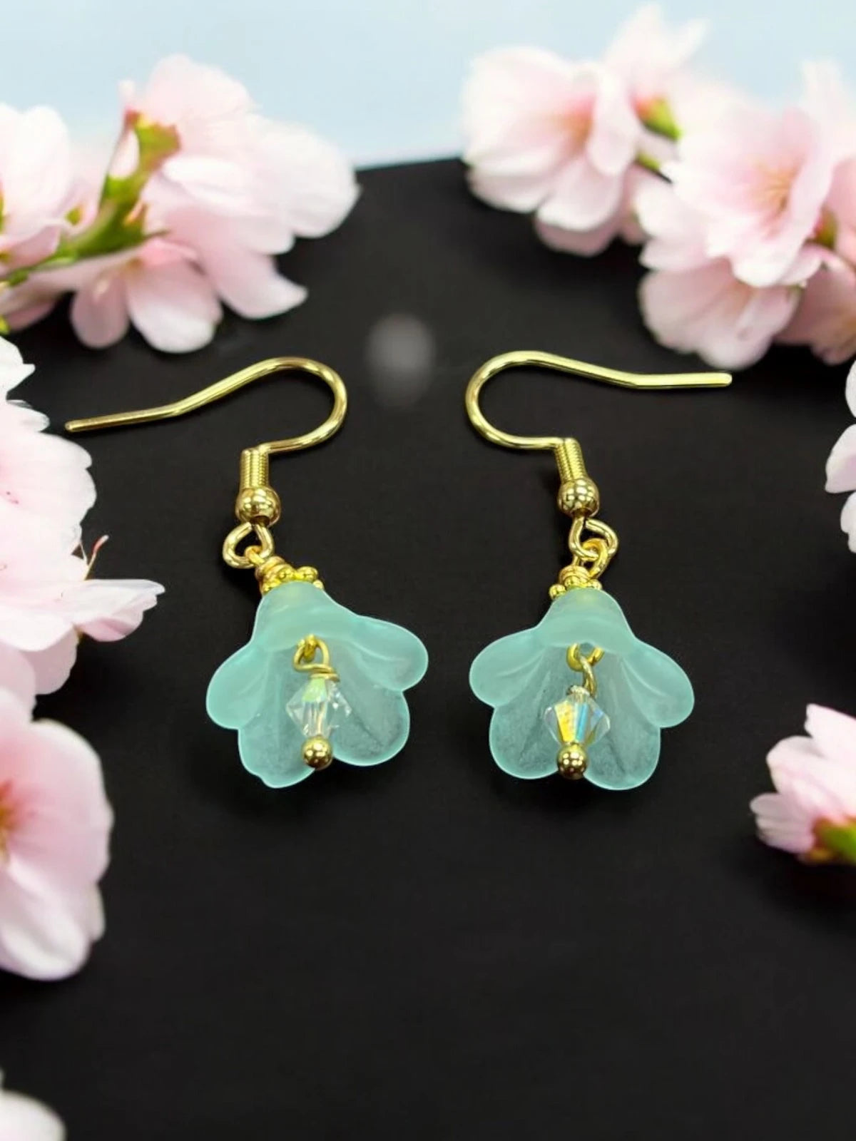 Delicate Lucite Flower Single Dangle Earrings with Austrian Crystal | Handmade | Assorted Colors