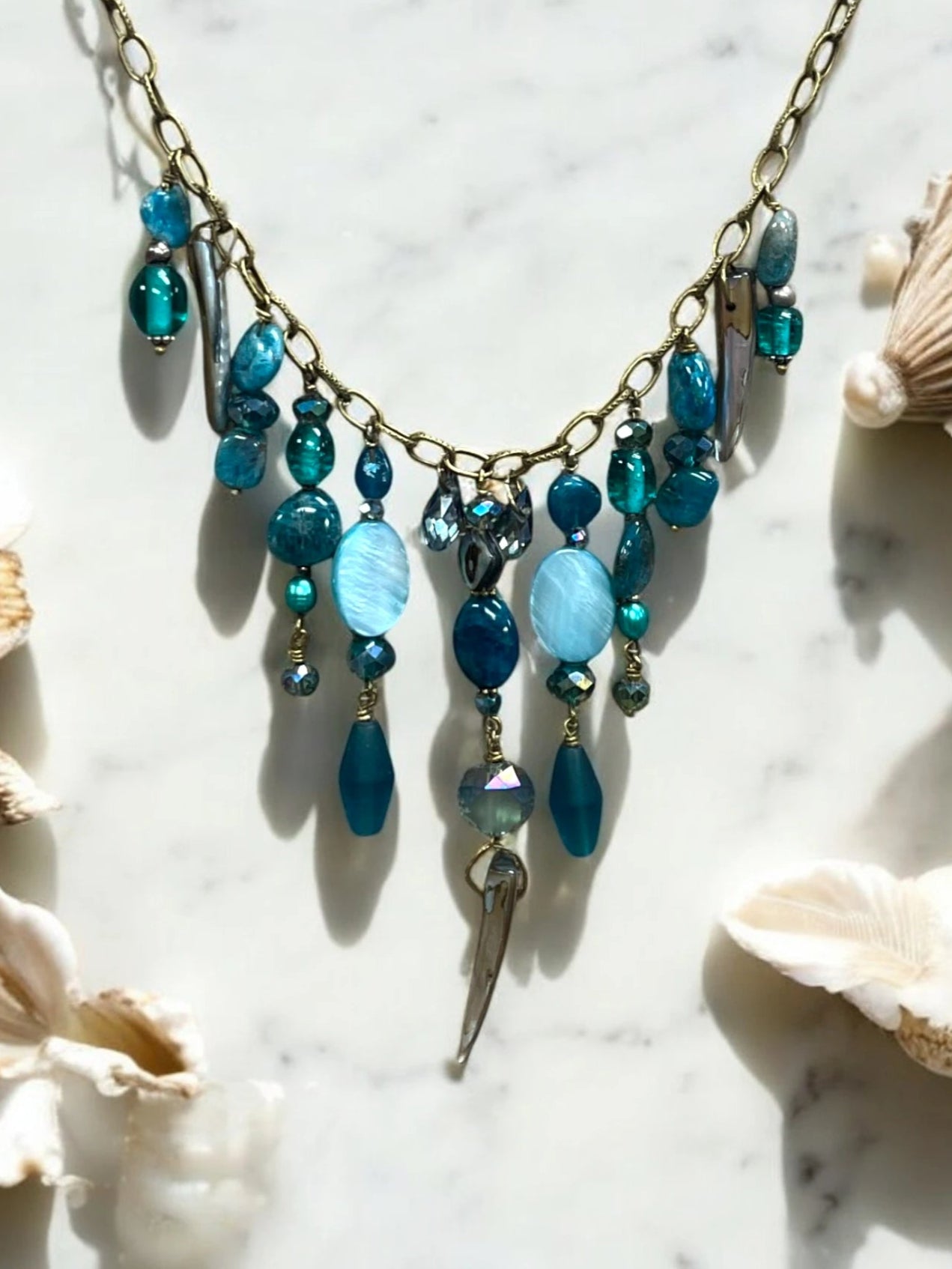 Gemstone Cluster Bib Necklace - Tiger Eye, Turquoise Amazonite, Amethyst, Blue Agate, Apatite, and Sodalite