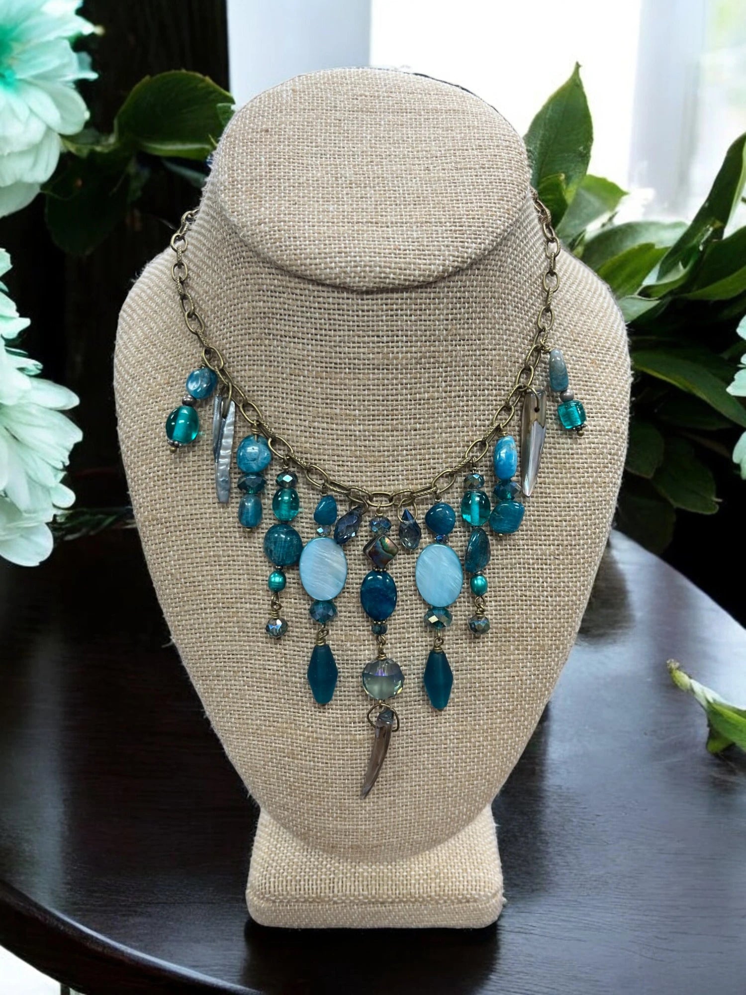 Gemstone Cluster Bib Necklace - Tiger Eye, Turquoise Amazonite, Amethyst, Blue Agate, Apatite, and Sodalite
