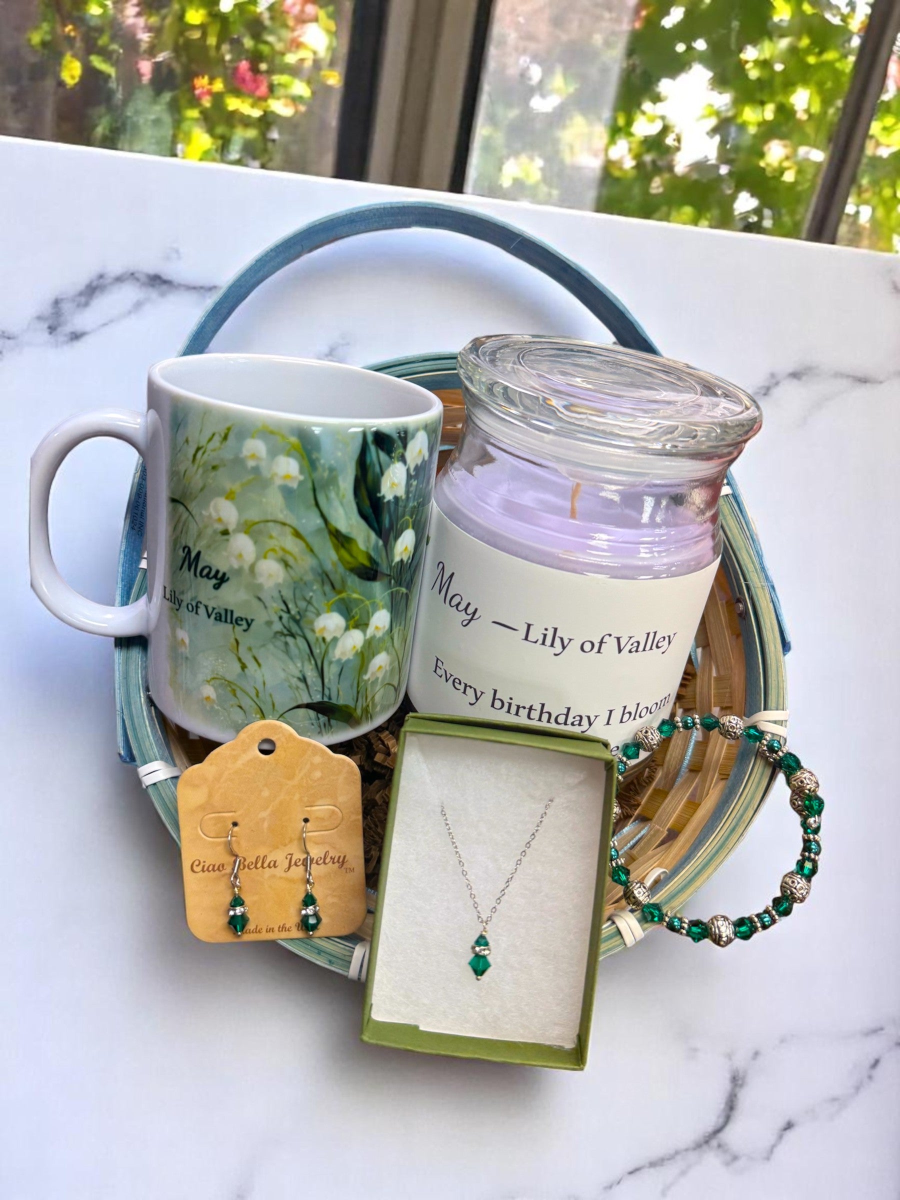 May Birthday Gift Box, Candle, Emerald Jewelry, Lily of the Valley Mug, Butterfly Box, Women's Gift