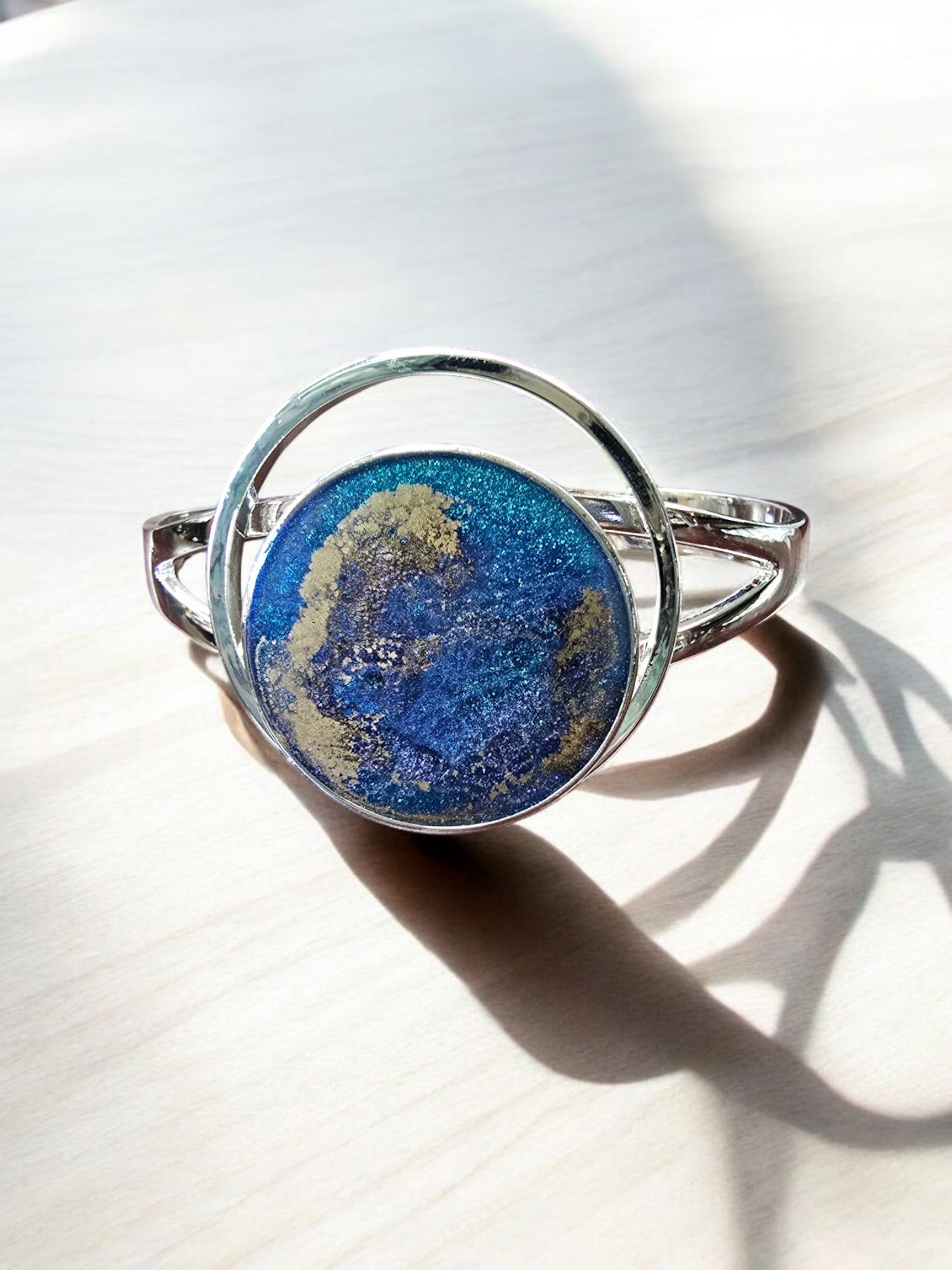 Sterling Plated Cuff Bracelets with Earth and Marble Resin Art | Unique Handmade Jewelry