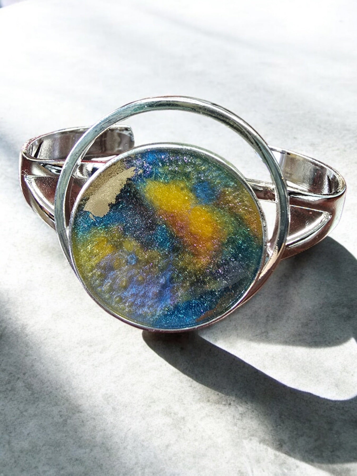 Sterling Plated Cuff Bracelets with Earth and Marble Resin Art | Unique Handmade Jewelry