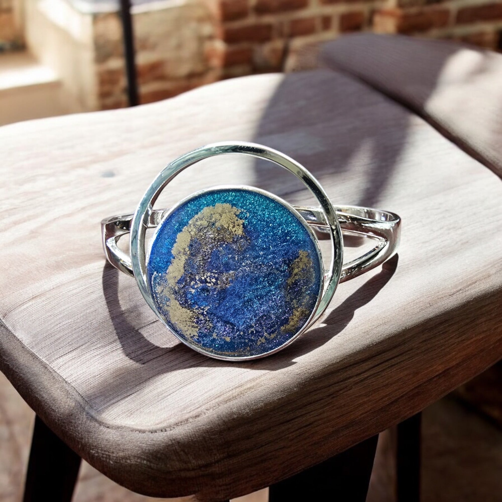 Sterling Plated Cuff Bracelets with Earth and Marble Resin Art | Unique Handmade Jewelry
