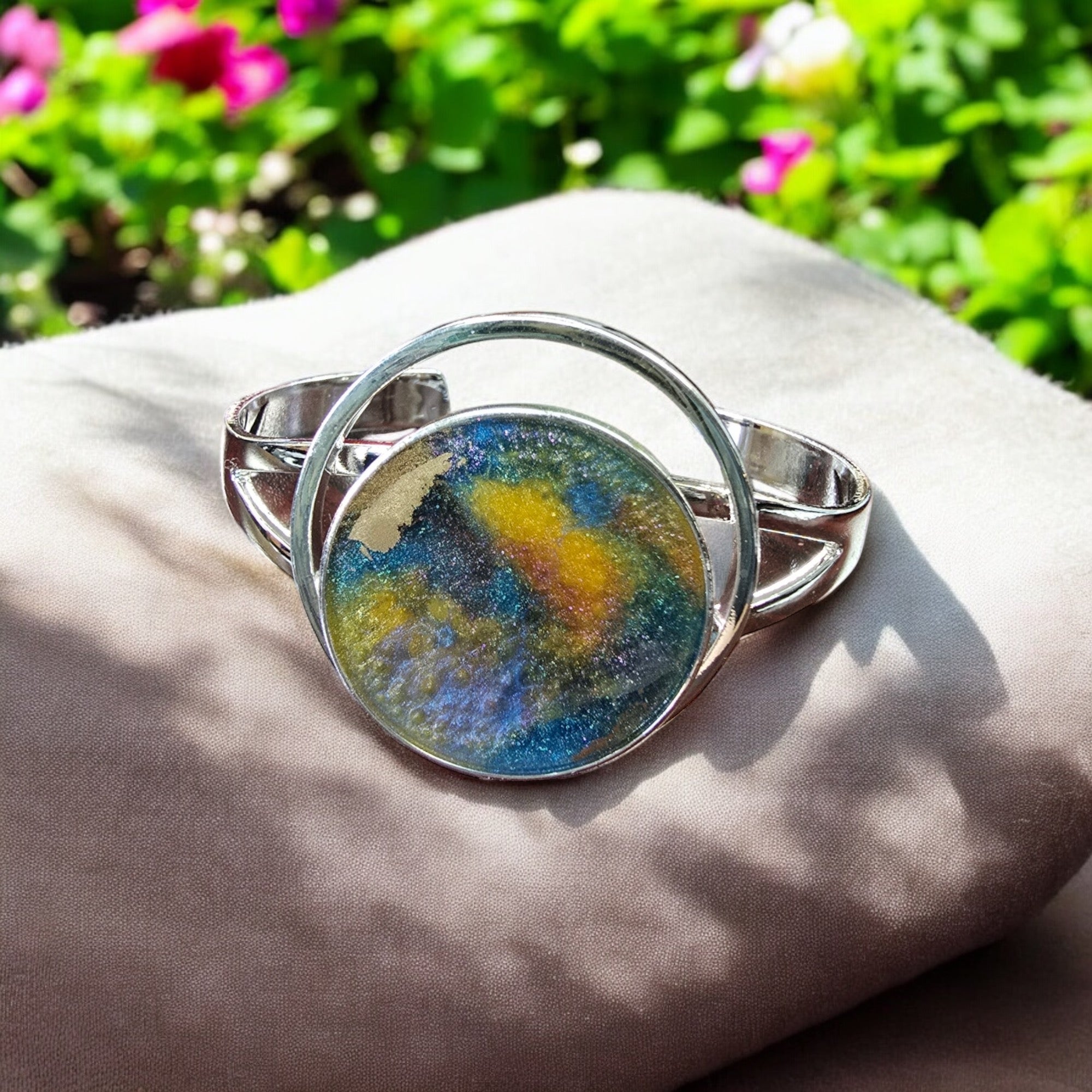 Sterling Plated Cuff Bracelets with Earth and Marble Resin Art | Unique Handmade Jewelry