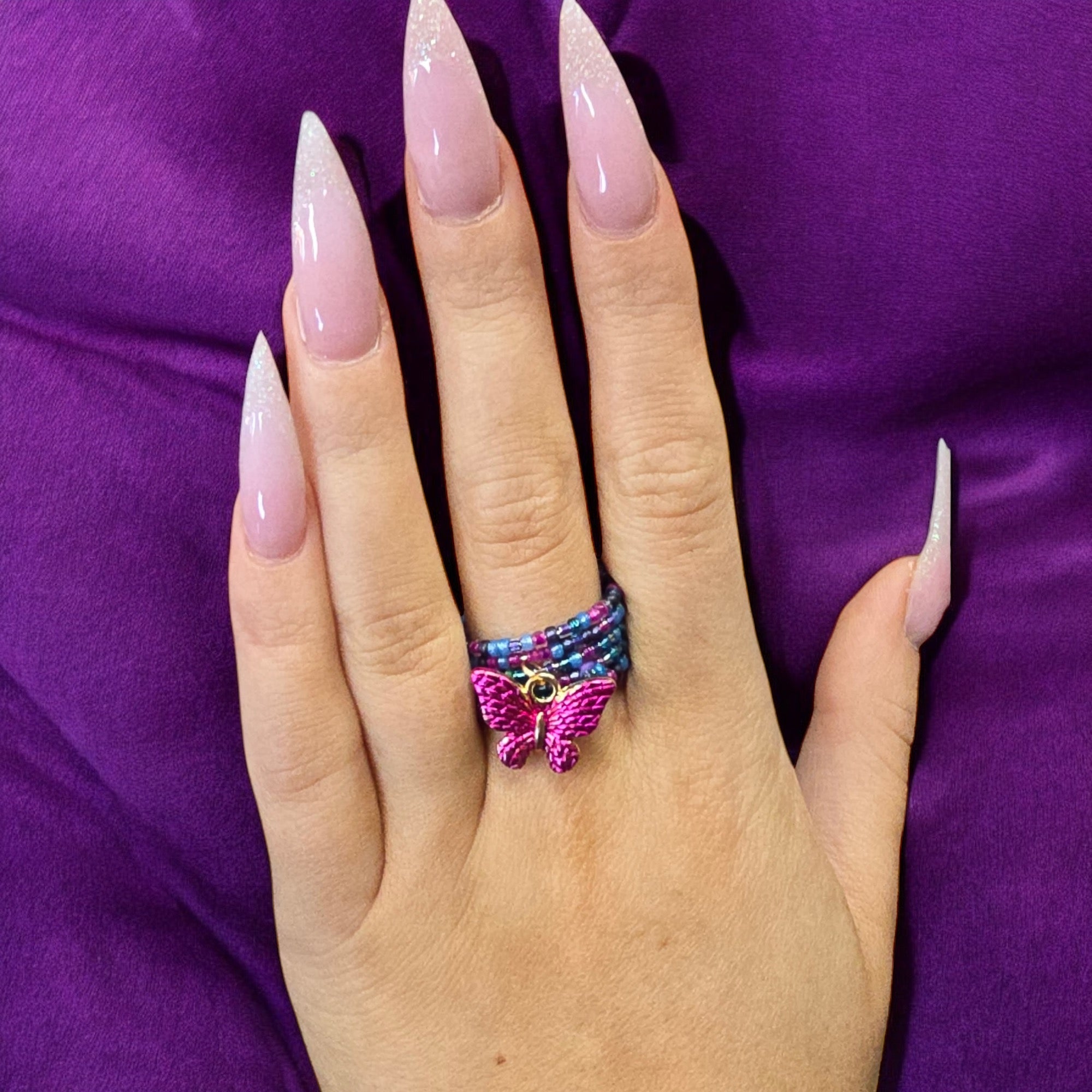 Hot Pink Butterfly Charm Ring | Beaded Ring | Floral Jewelry