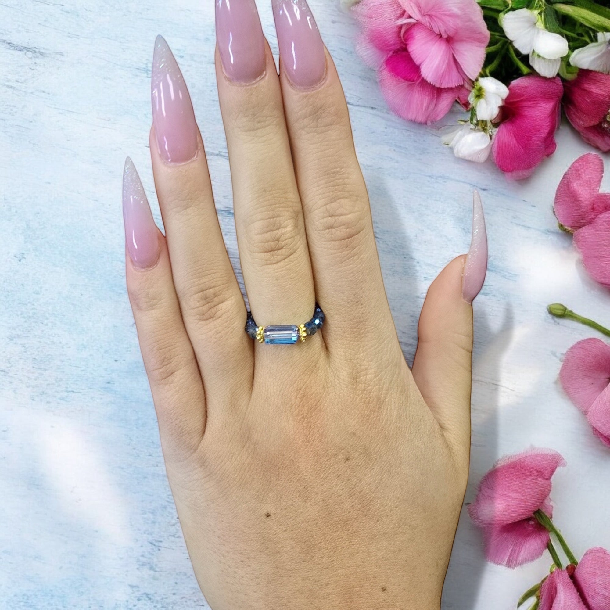 Blue Crystalline Gemstone Ring | Beaded Ring | Unique Jewelry
