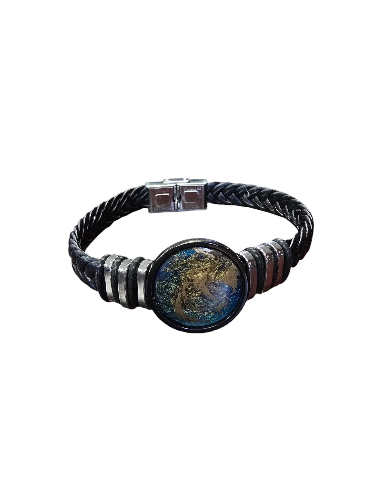 Cosmic Black Braided Leather Bracelet | Navy and Gold  Swirl Center