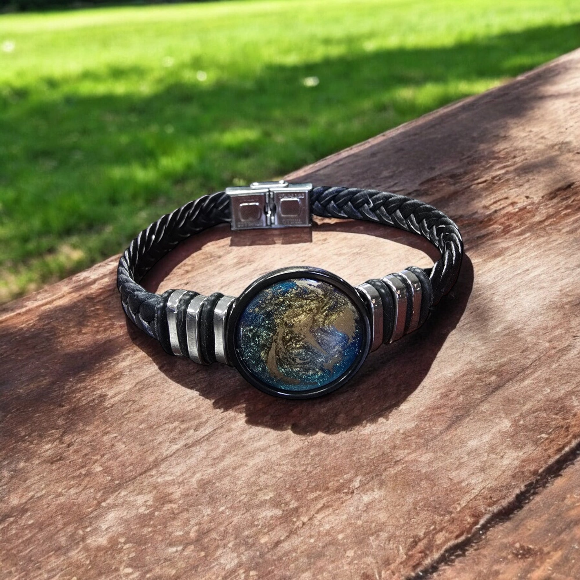 Cosmic Black Braided Leather Bracelet | Navy and Gold  Swirl Center