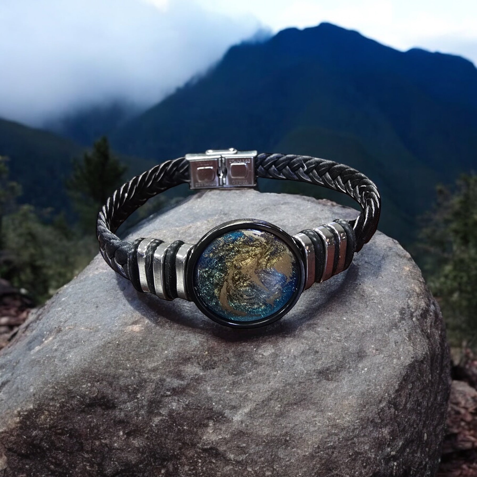 Cosmic Black Braided Leather Bracelet | Navy and Gold  Swirl Center