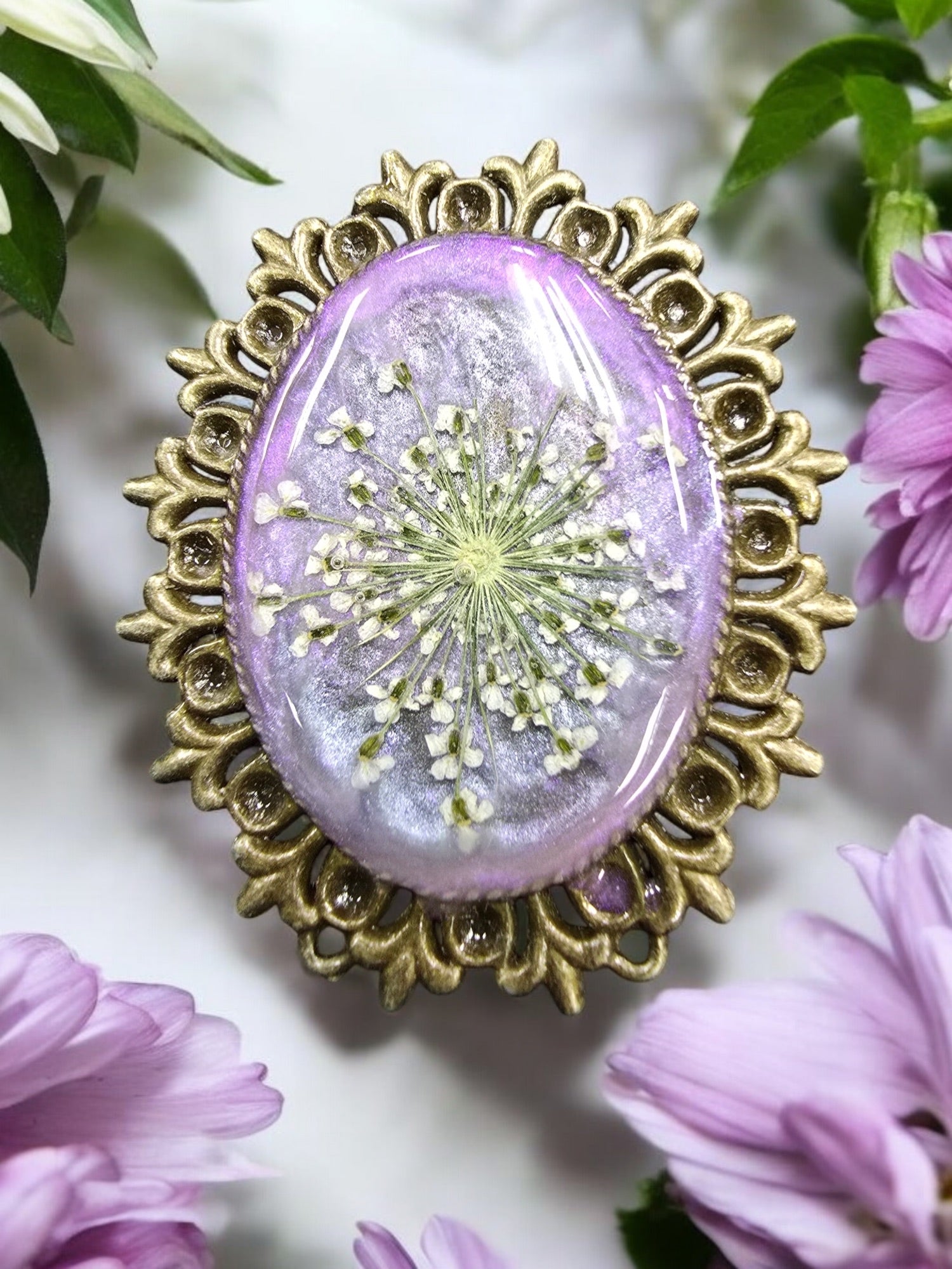 Pressed Flower Gold-Plated Brooch | Unique Floral Accessory | Handmade