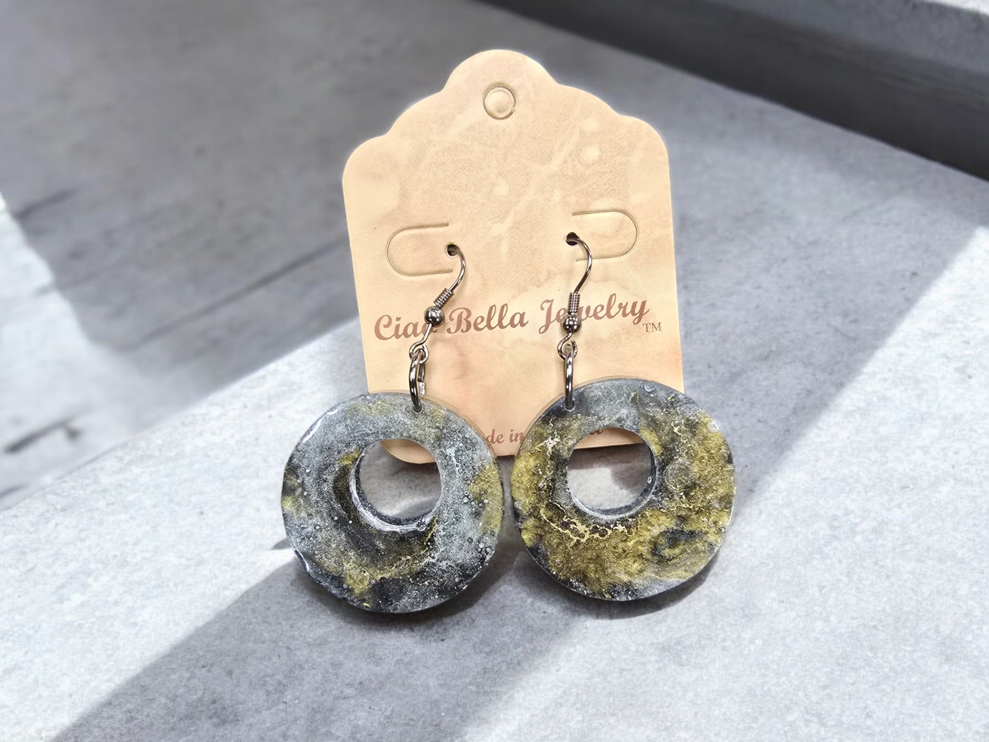 Gray and Gold Glitter Circle Dangle Earrings | Unique Statement Jewelry