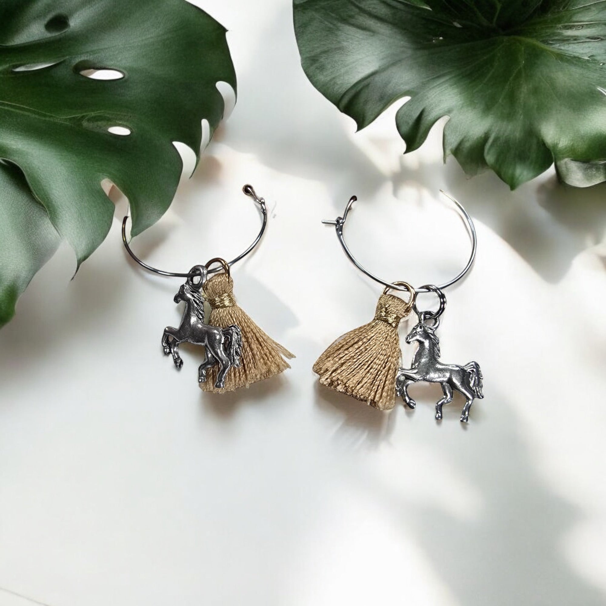 Silver Stainless Hoop Earrings with Brown Tassel and Horse Pewter Charms | Unique Equestrian Jewelry
