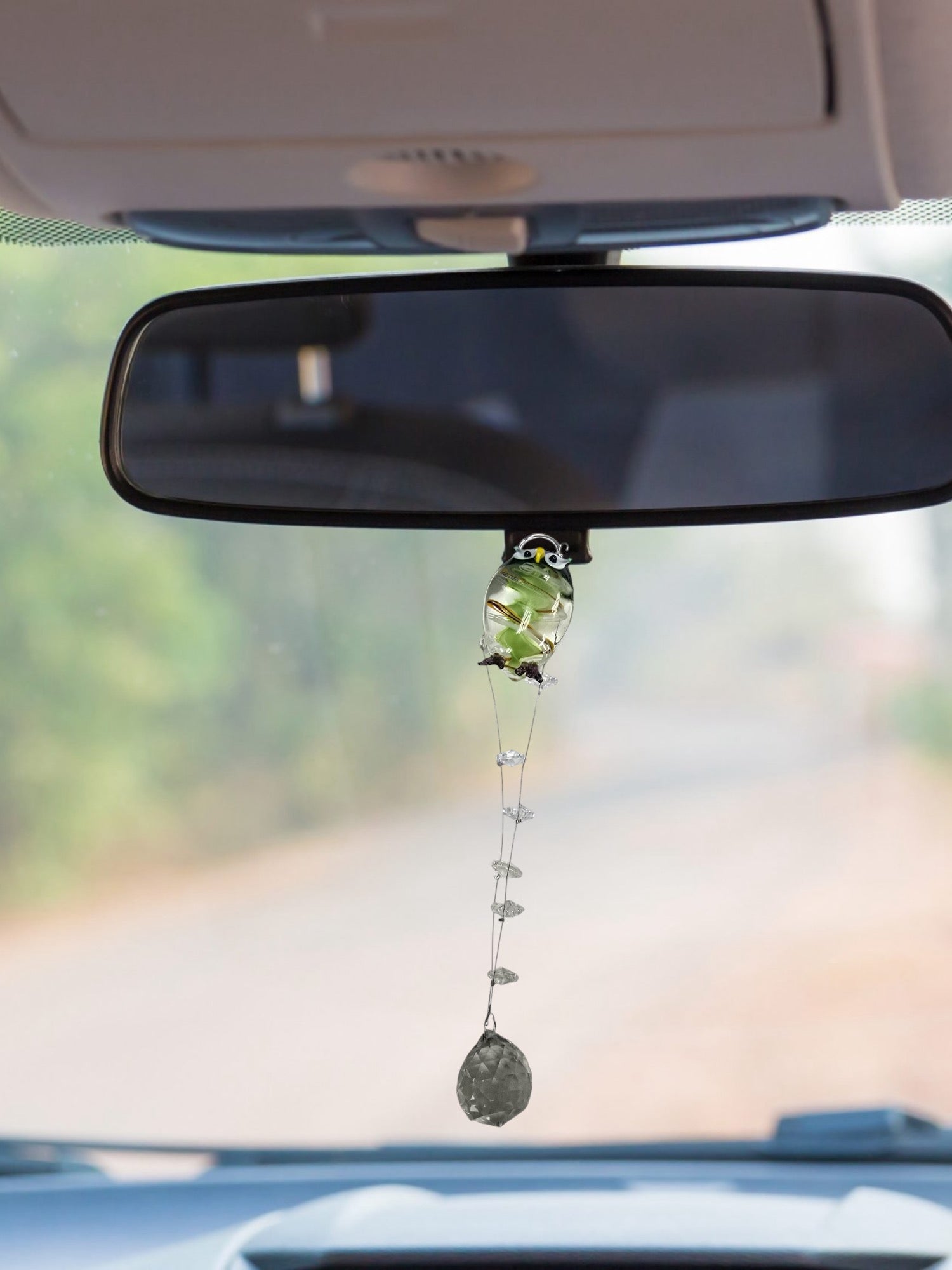 Green and Brown Blown Glass Owl Car Pendant with Crystals | Unique Car Accessory | Handmade