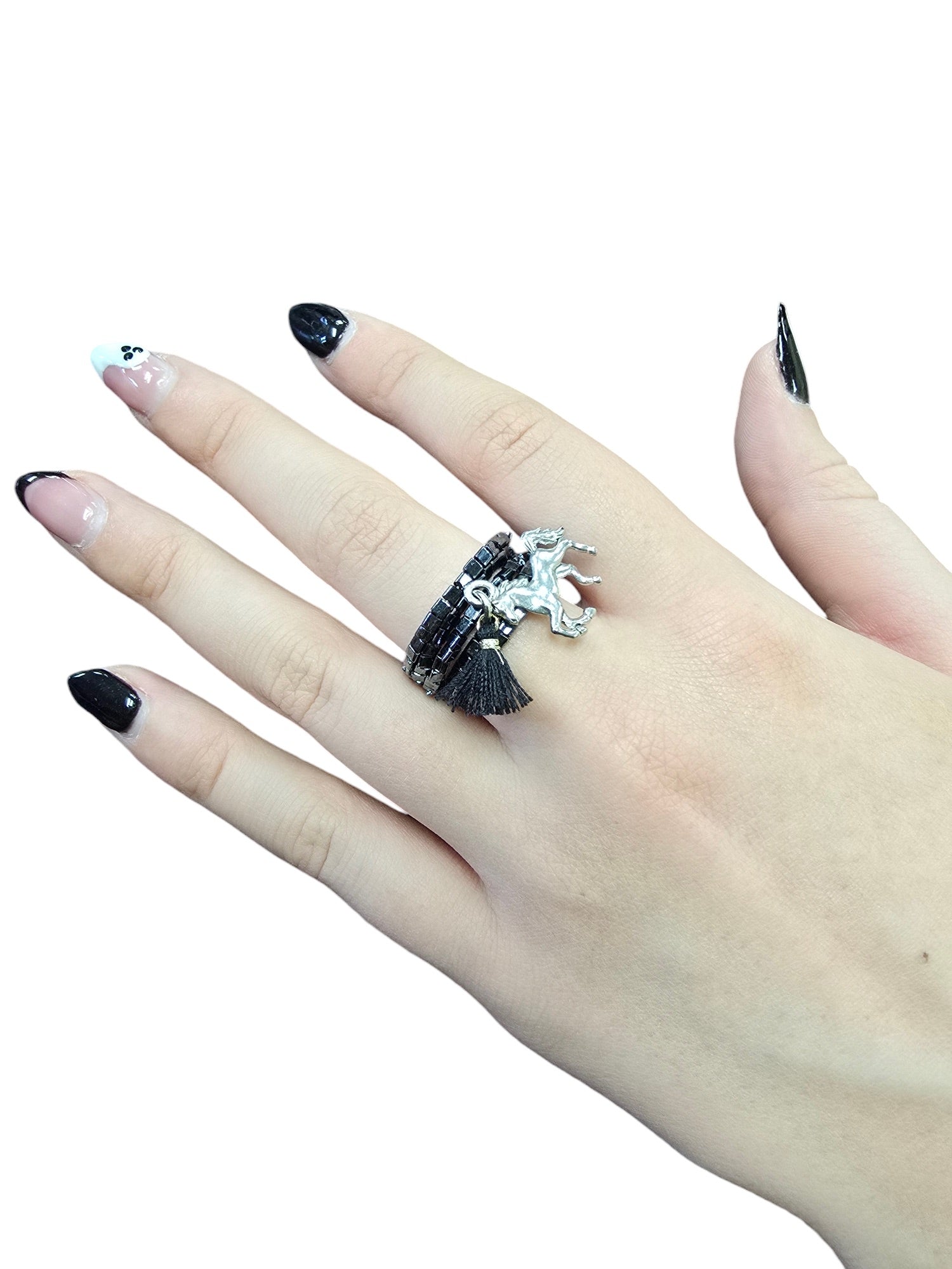 Edgy Beaded Spiral Ring with Horse Pewter Charm | Unique Handmade Jewelry