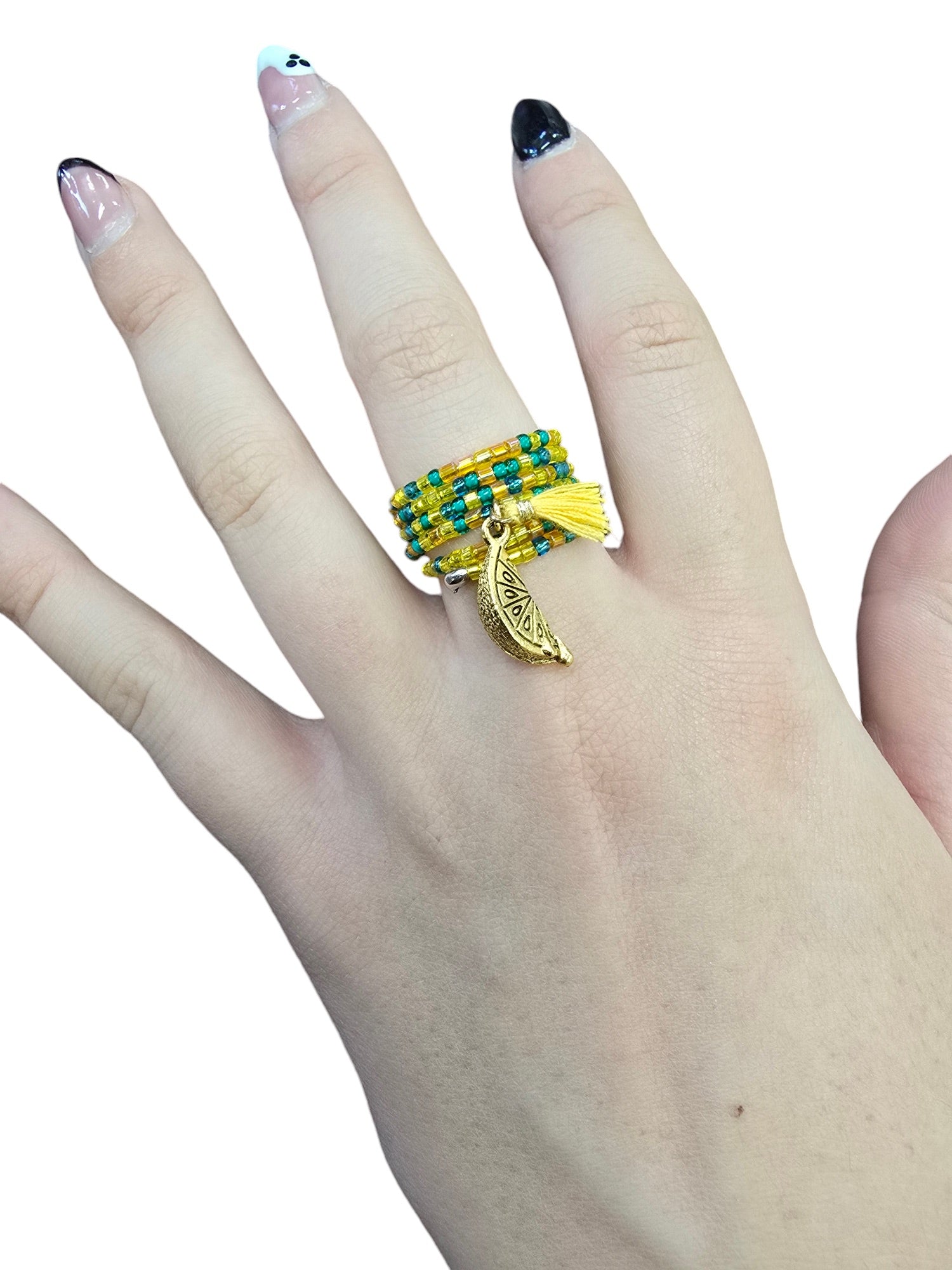 Sunny Beaded Spiral Ring with Gold Lemon Charm | Unique Handmade Jewelry