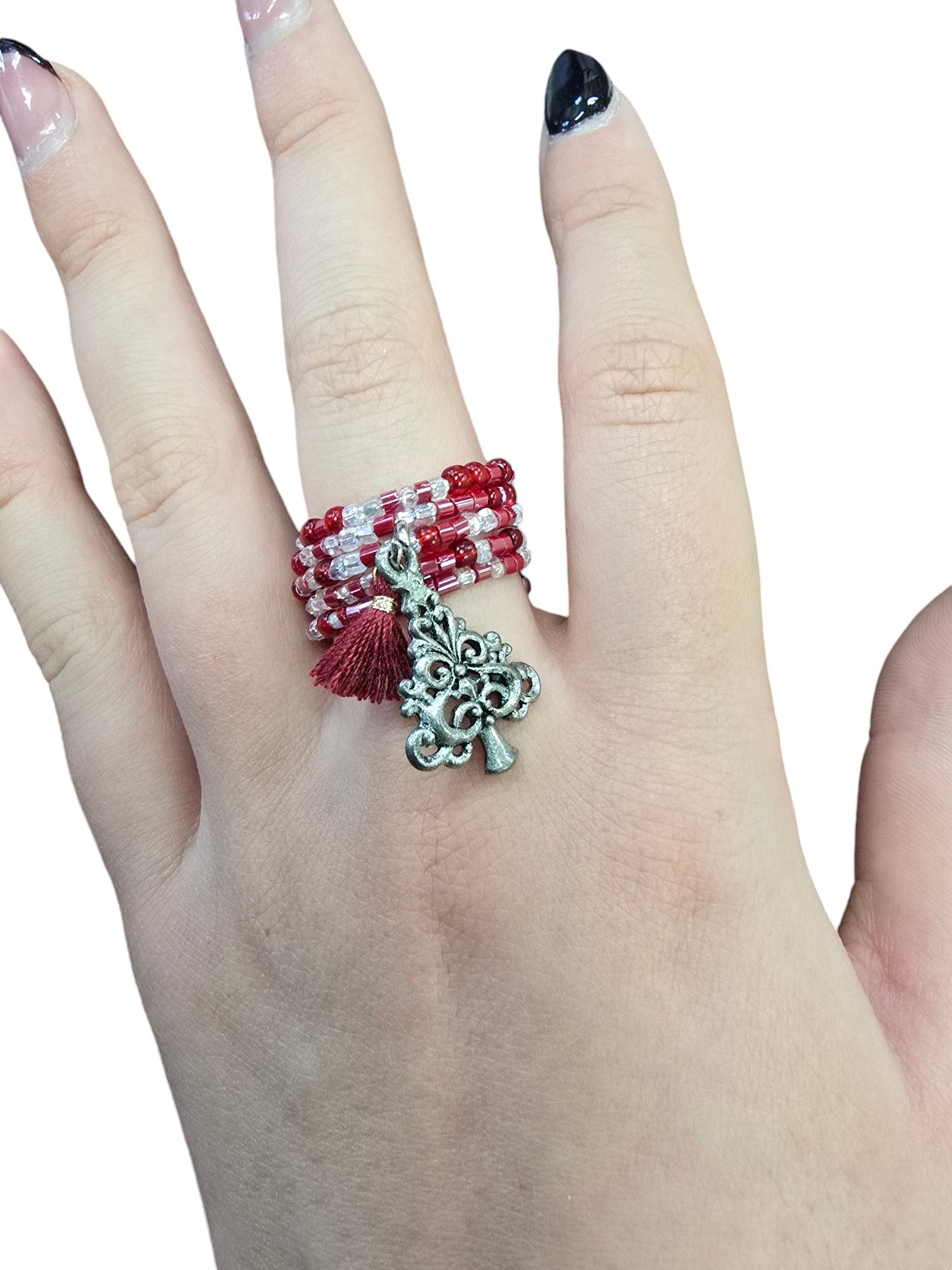 Festive Beaded Spiral Ring with Pewter Filigree Christmas Tree Charm | Unique Handmade Jewelry