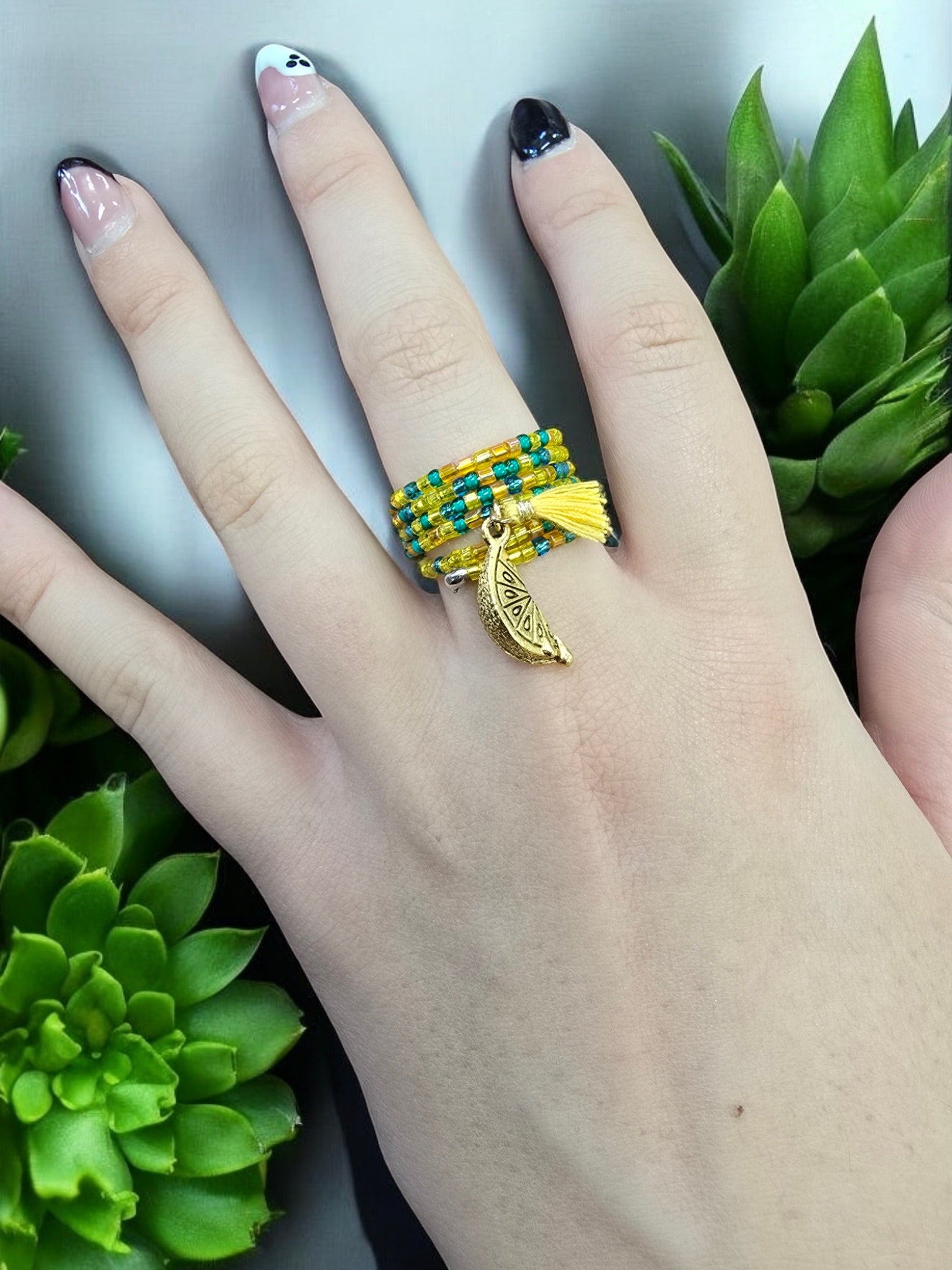 Sunny Beaded Spiral Ring with Gold Lemon Charm | Unique Handmade Jewelry