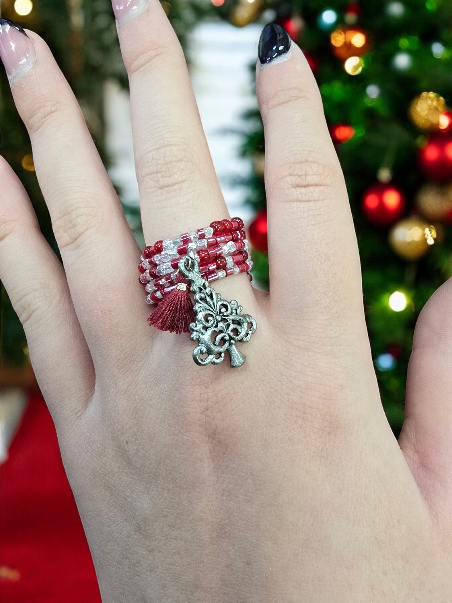 Festive Beaded Spiral Ring with Pewter Filigree Christmas Tree Charm | Unique Handmade Jewelry