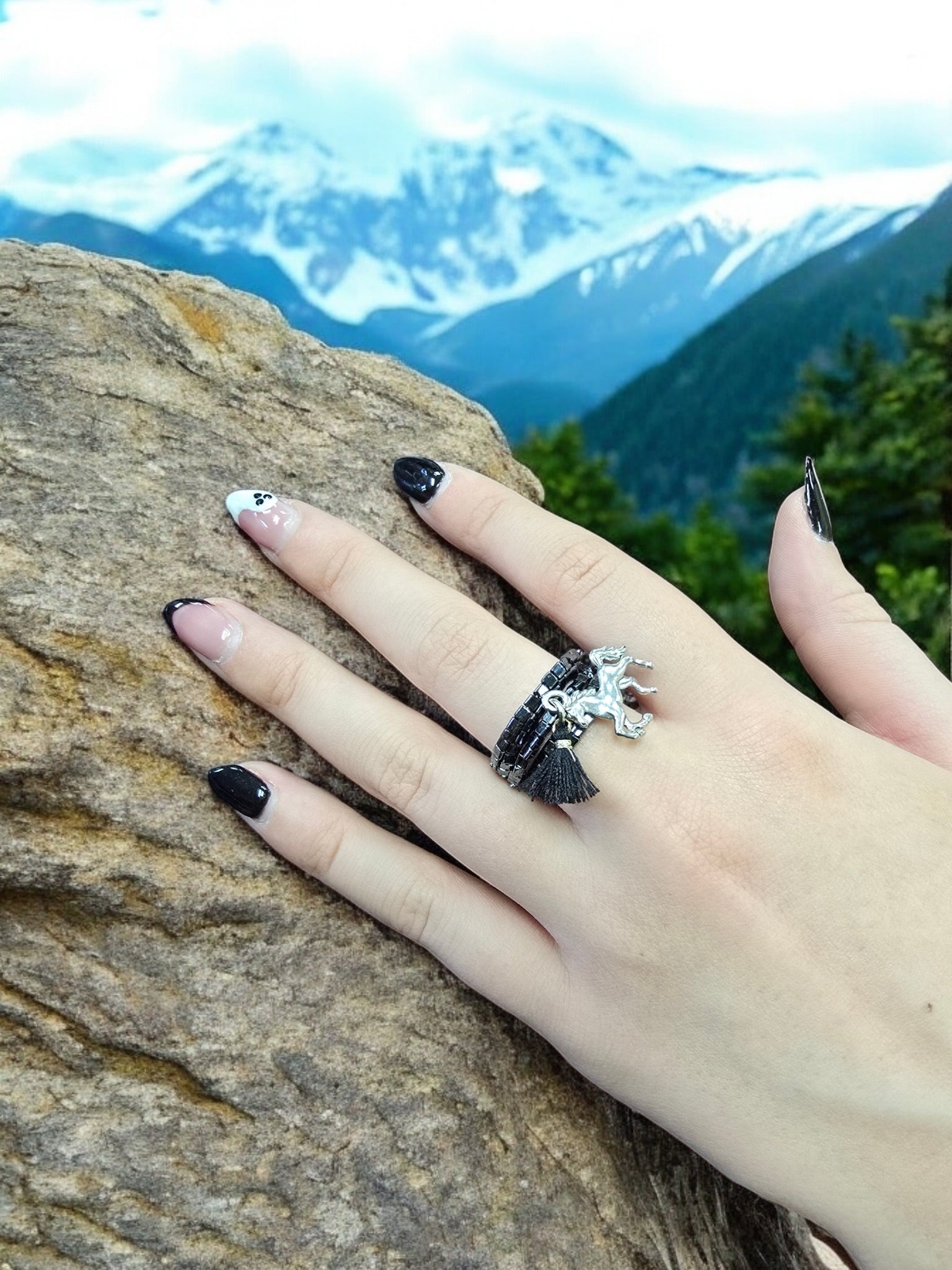 Edgy Beaded Spiral Ring with Horse Pewter Charm | Unique Handmade Jewelry