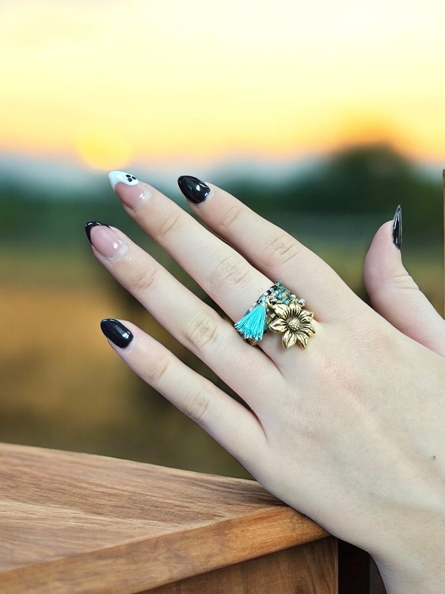 Bohemian Beaded Spiral Ring with Gold Flower Charm | Unique Handmade Jewelry