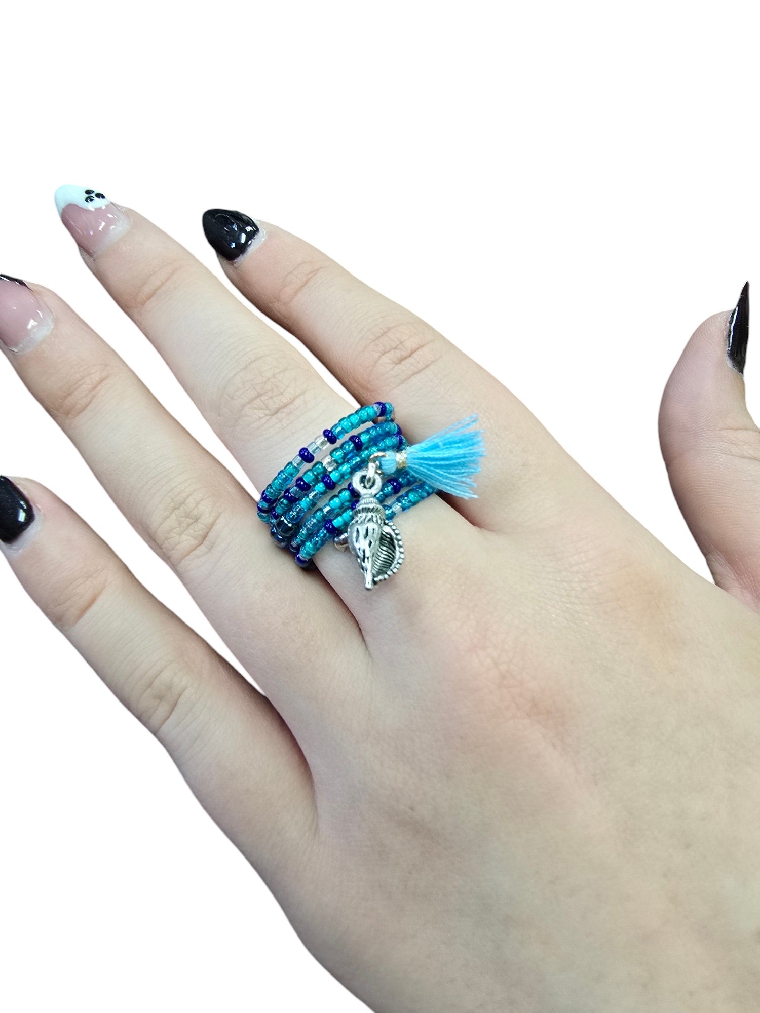 Bohemian Beaded Spiral Ring with Conch Shell Pewter Charm | Unique Handmade Jewelry
