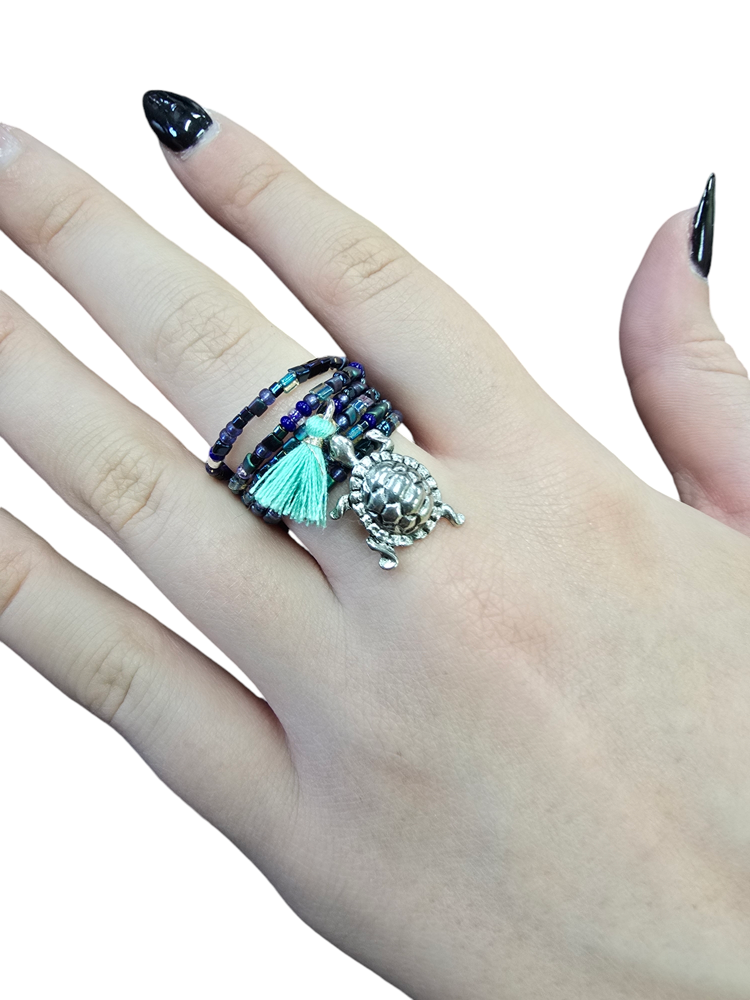 Bohemian Beaded Spiral Ring with Pewter Turtle Charm | Unique Handmade Jewelry