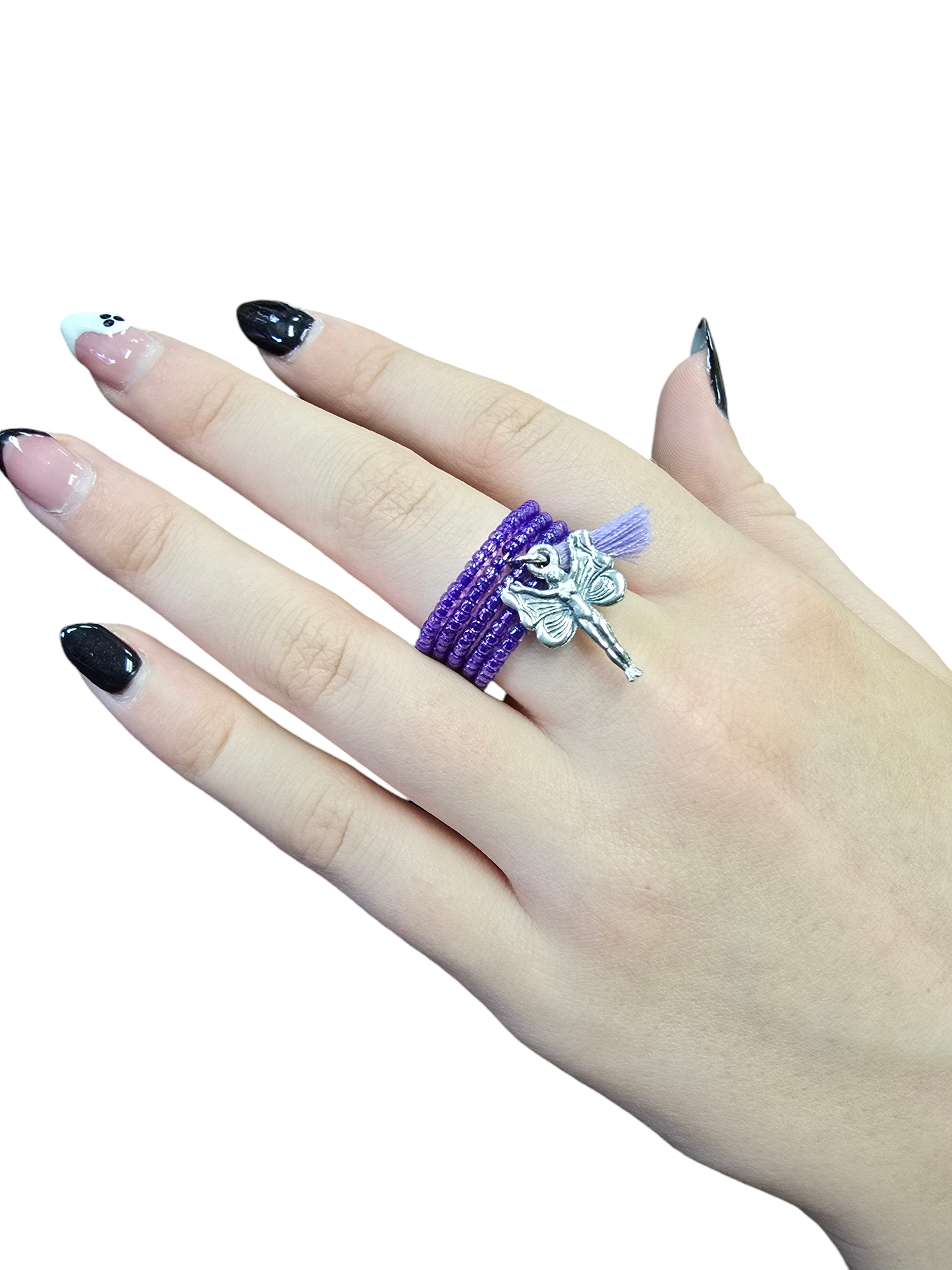 Whimsical Beaded Spiral Ring with Pewter Fairy Charm | Unique Handmade Jewelry