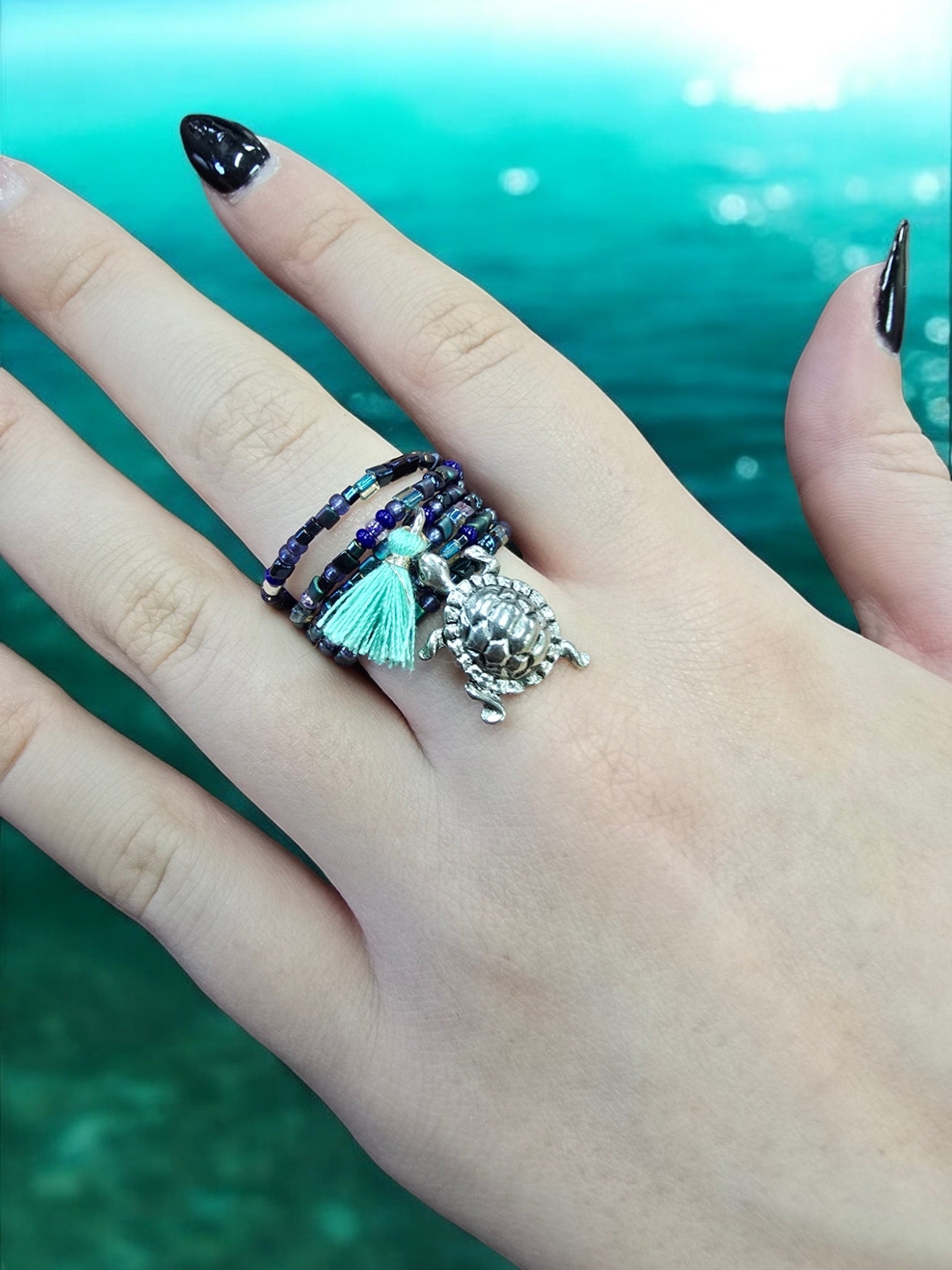 Bohemian Beaded Spiral Ring with Pewter Turtle Charm | Unique Handmade Jewelry
