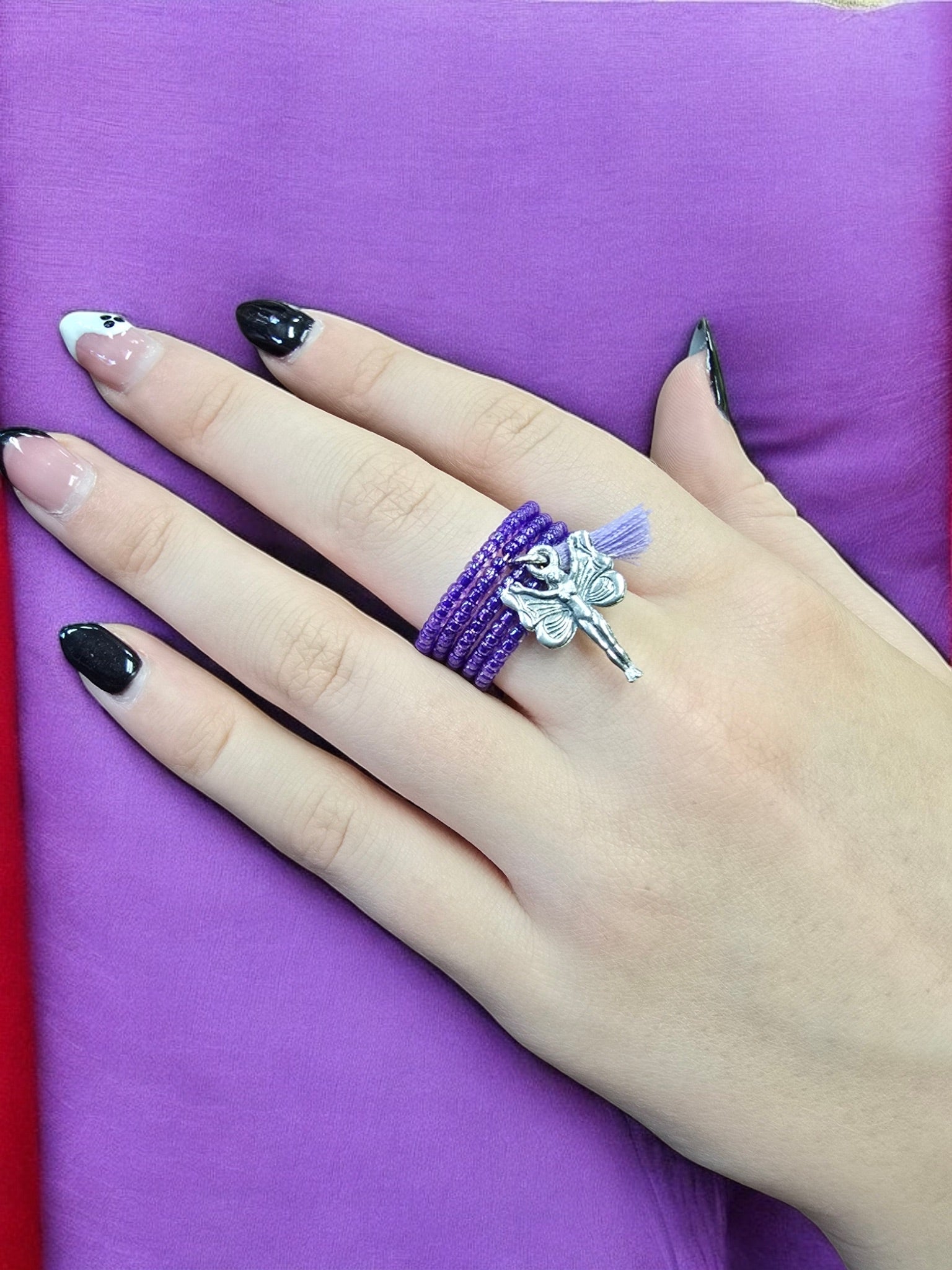 Whimsical Beaded Spiral Ring with Pewter Fairy Charm | Unique Handmade Jewelry