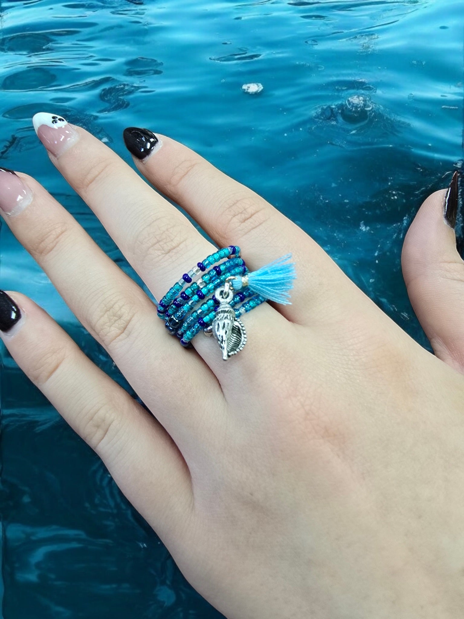 Bohemian Beaded Spiral Ring with Conch Shell Pewter Charm | Unique Handmade Jewelry