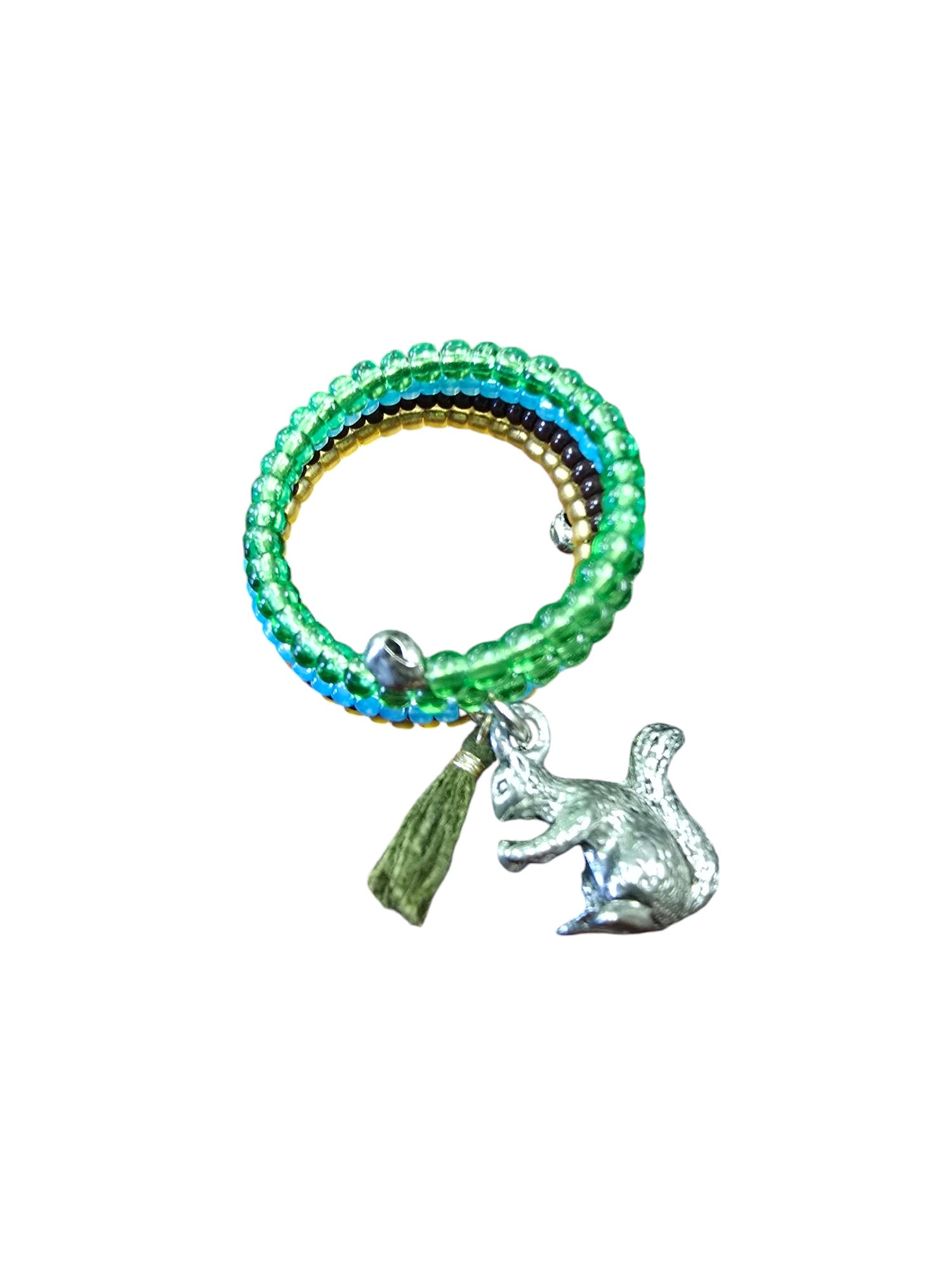 Bohemian Beaded Spiral Ring with Pewter Squirrel Charm | Unique Handmade Jewelry