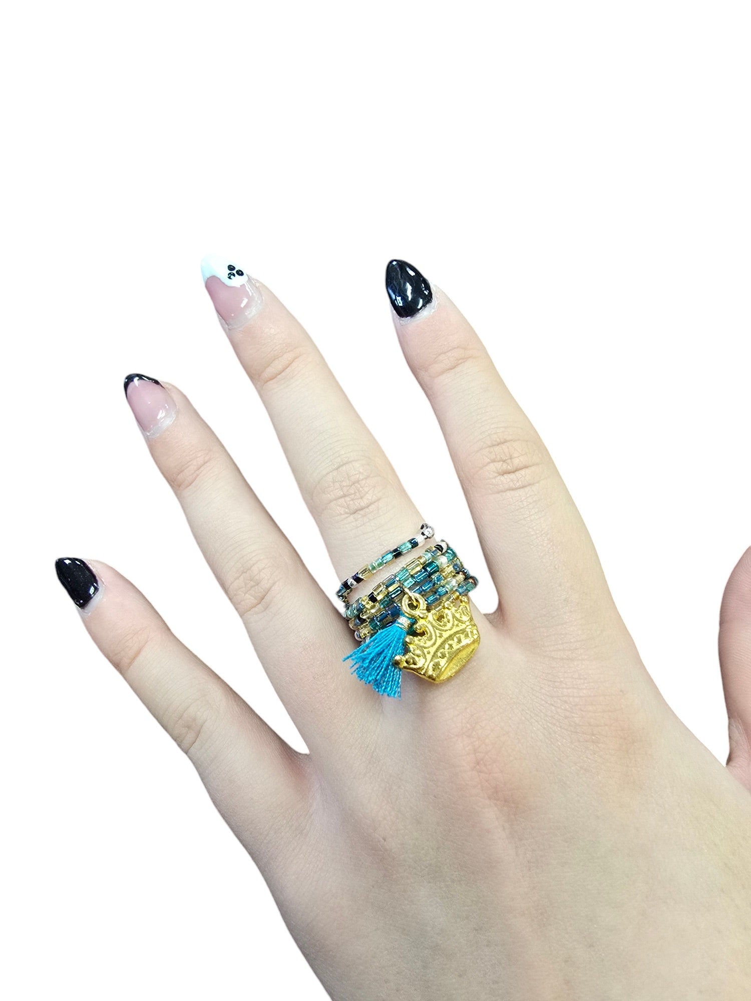 Bohemian Beaded Spiral Ring with Gold Crown Charm | Unique Handmade Jewelry
