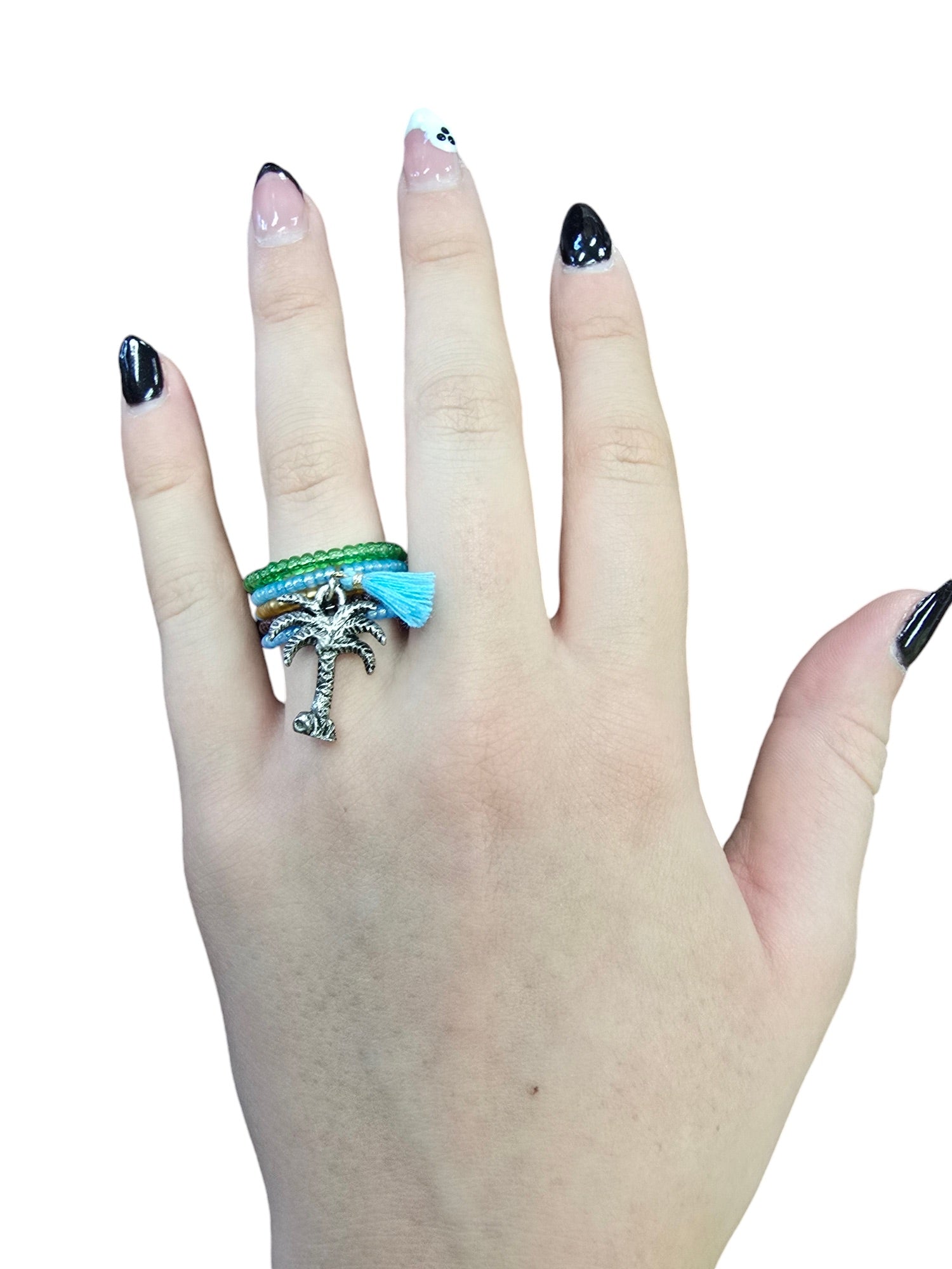 Bohemian Beaded Spiral Ring with Pewter Palm Tree Charm | Unique Handmade Jewelry