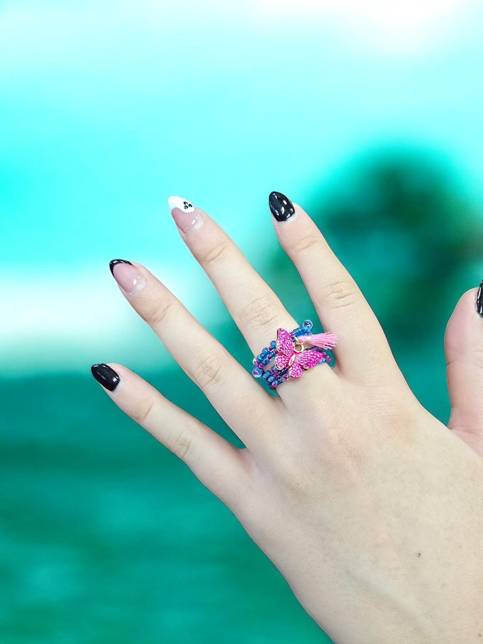 Bohemian Beaded Spiral Ring with Pink Butterfly Charm | Unique Handmade Jewelry