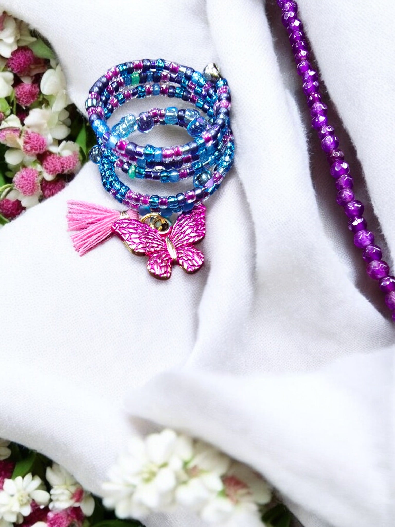 Bohemian Beaded Spiral Ring with Pink Butterfly Charm | Unique Handmade Jewelry