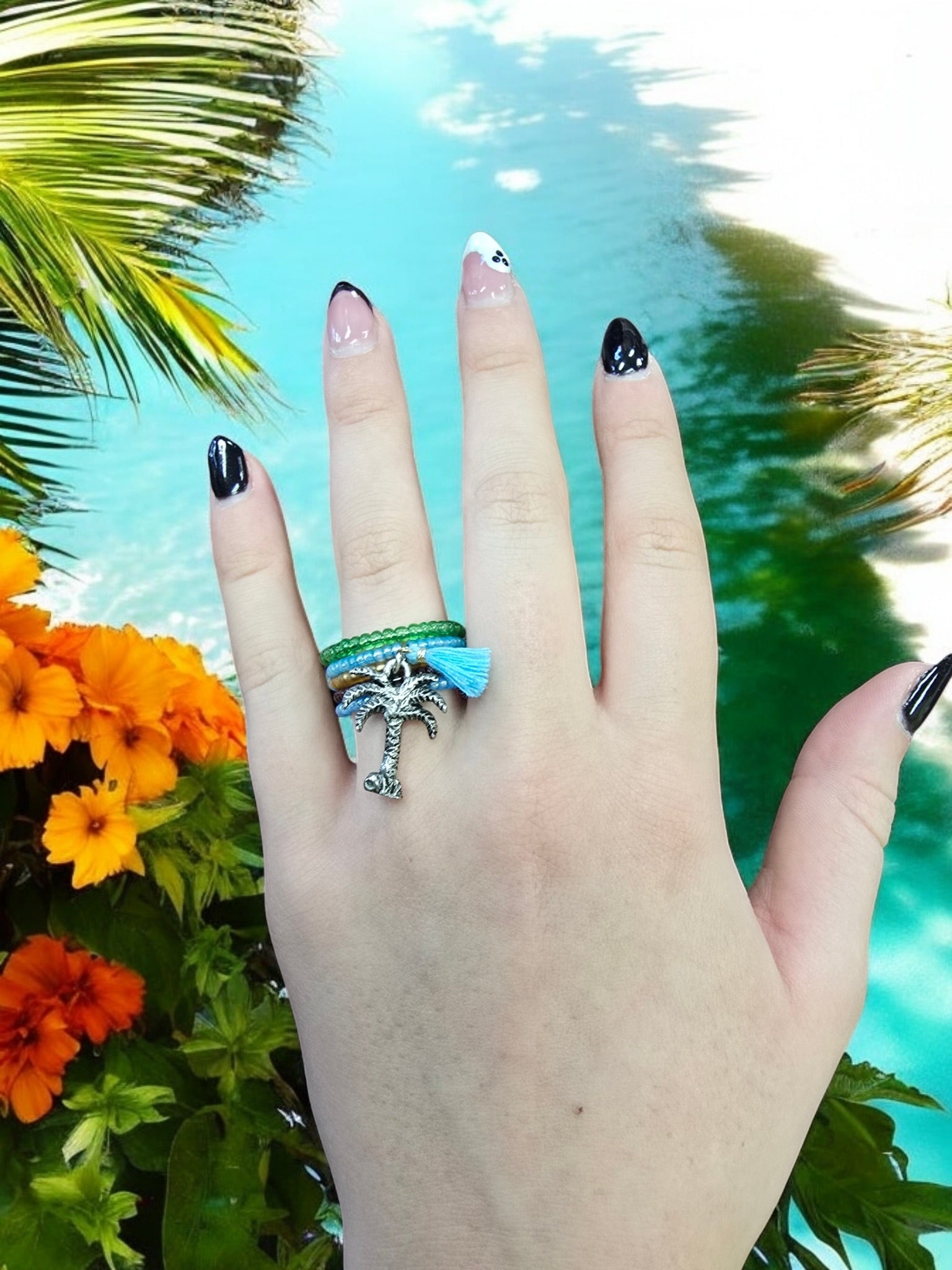 Bohemian Beaded Spiral Ring with Pewter Palm Tree Charm | Unique Handmade Jewelry