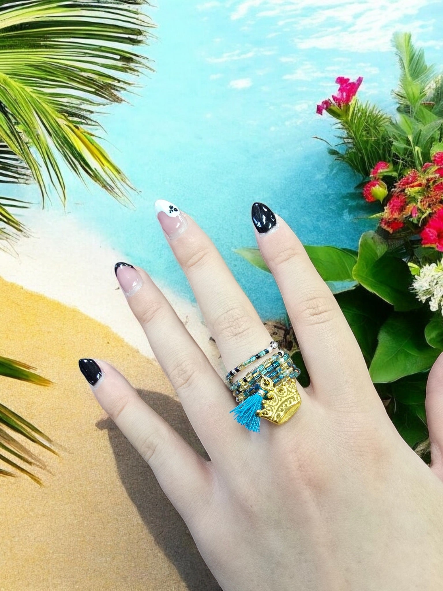 Bohemian Beaded Spiral Ring with Gold Crown Charm | Unique Handmade Jewelry