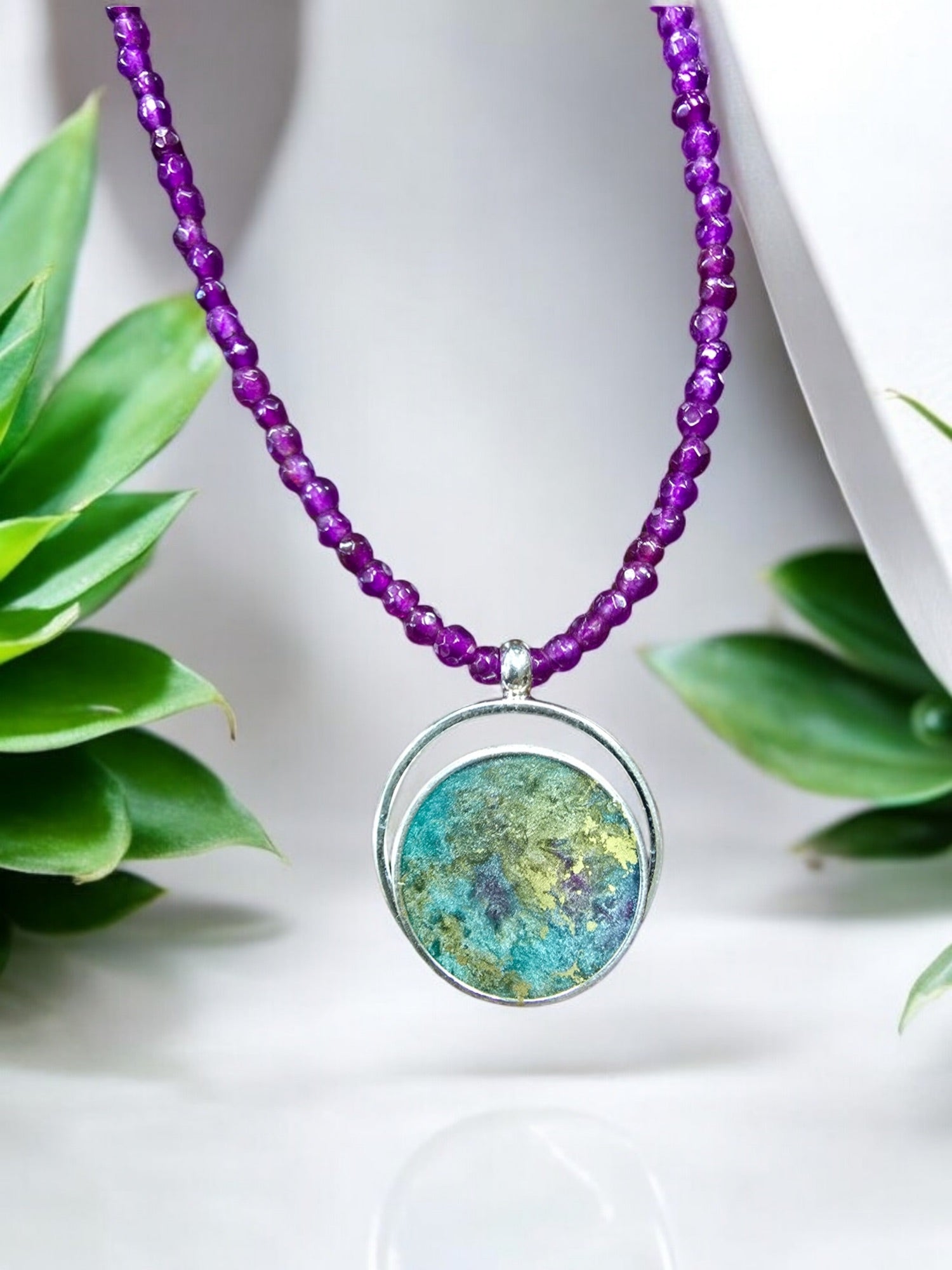 Magenta Beaded Necklace with Sterling Silver Liquid Art Pendant | Unique Handmade Jewelry