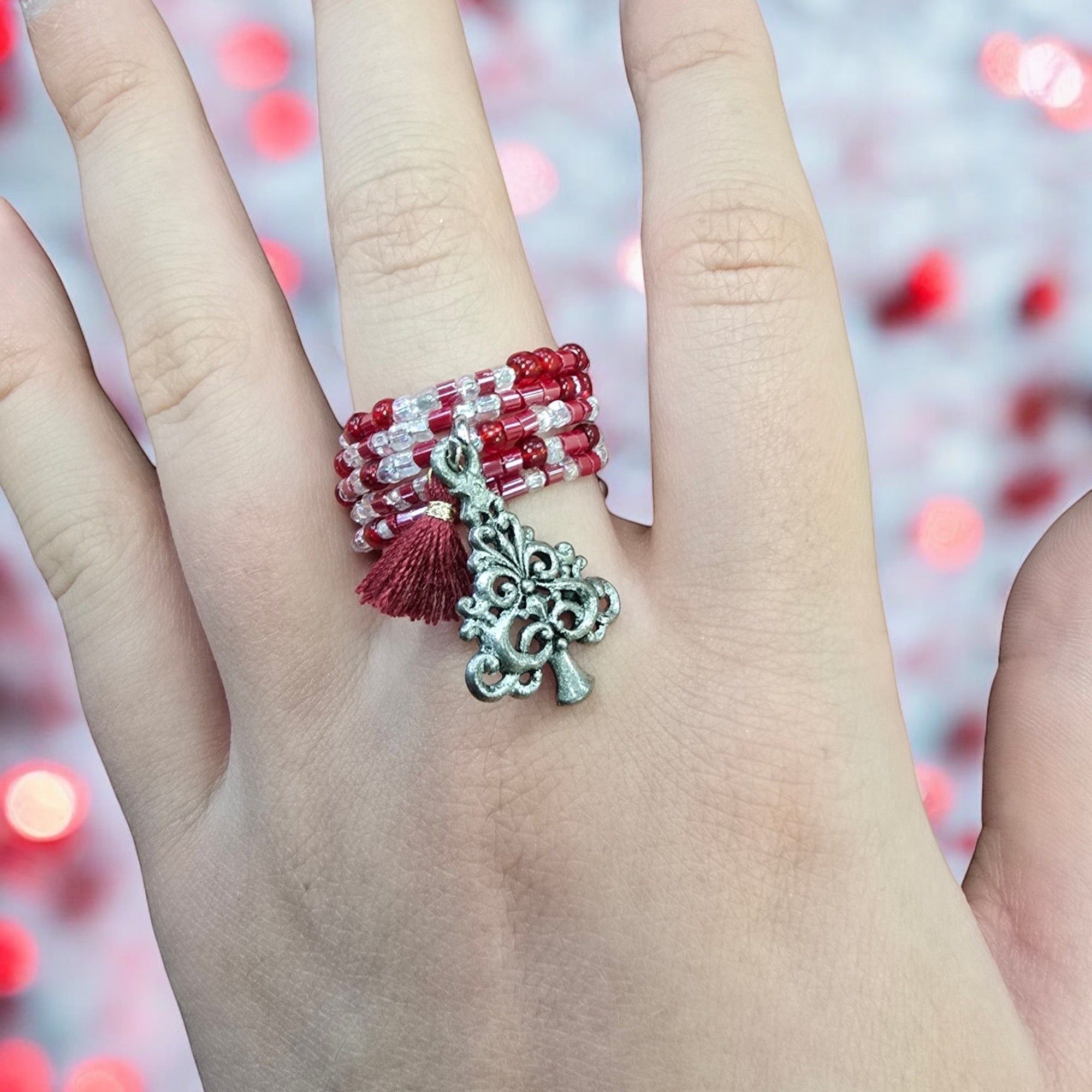 Festive Beaded Spiral Ring with Pewter Filigree Christmas Tree Charm | Unique Handmade Jewelry