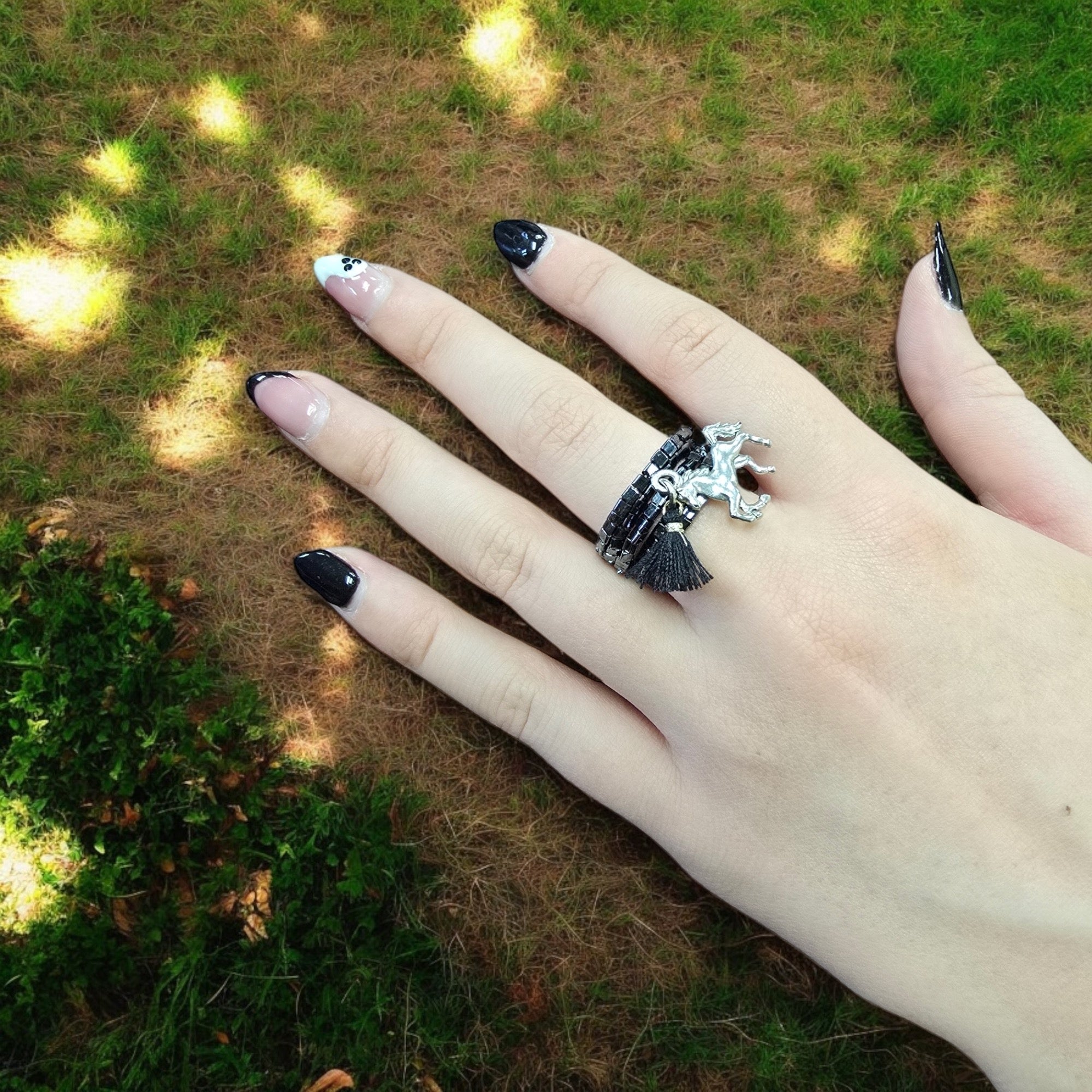 Edgy Beaded Spiral Ring with Horse Pewter Charm | Unique Handmade Jewelry