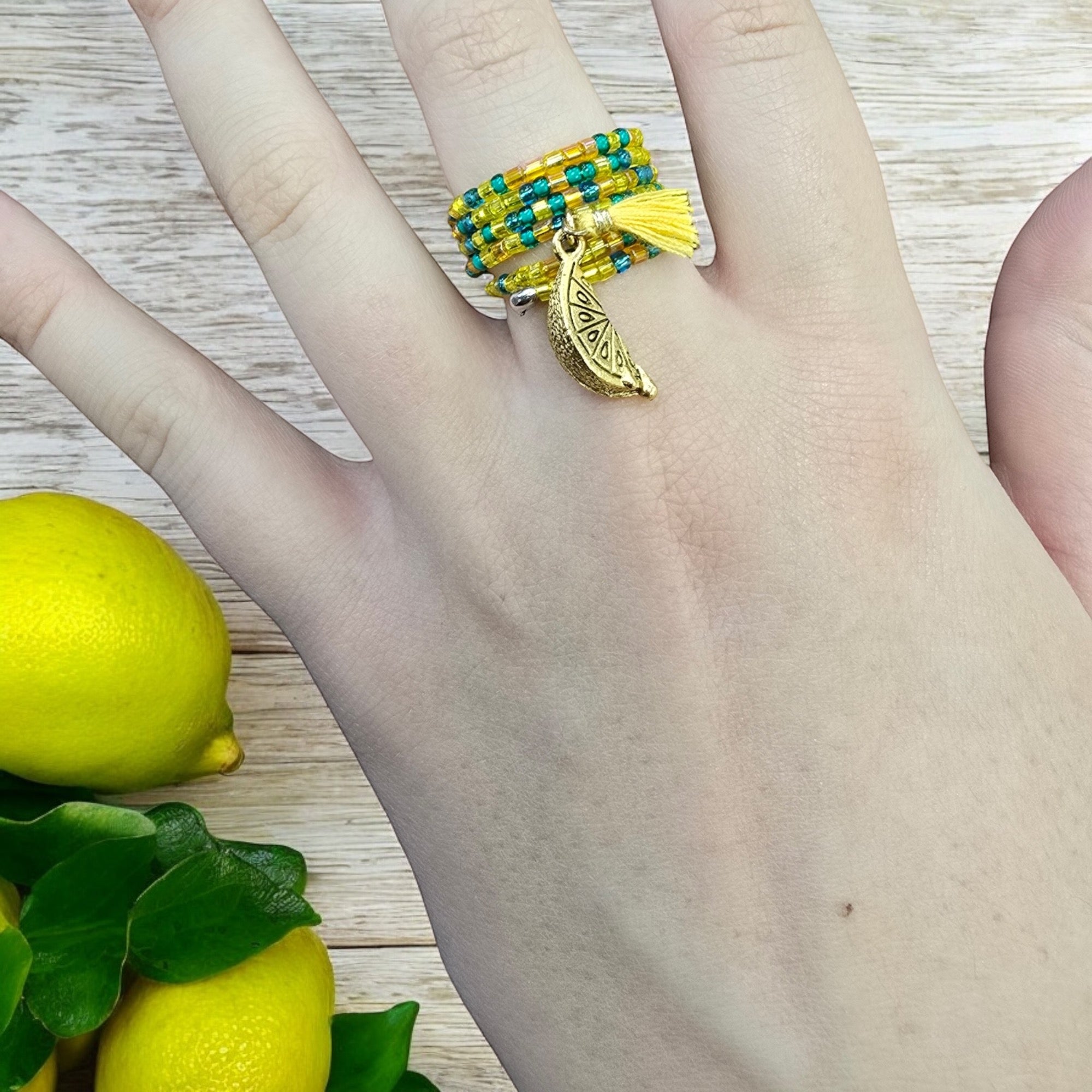 Sunny Beaded Spiral Ring with Gold Lemon Charm | Unique Handmade Jewelry