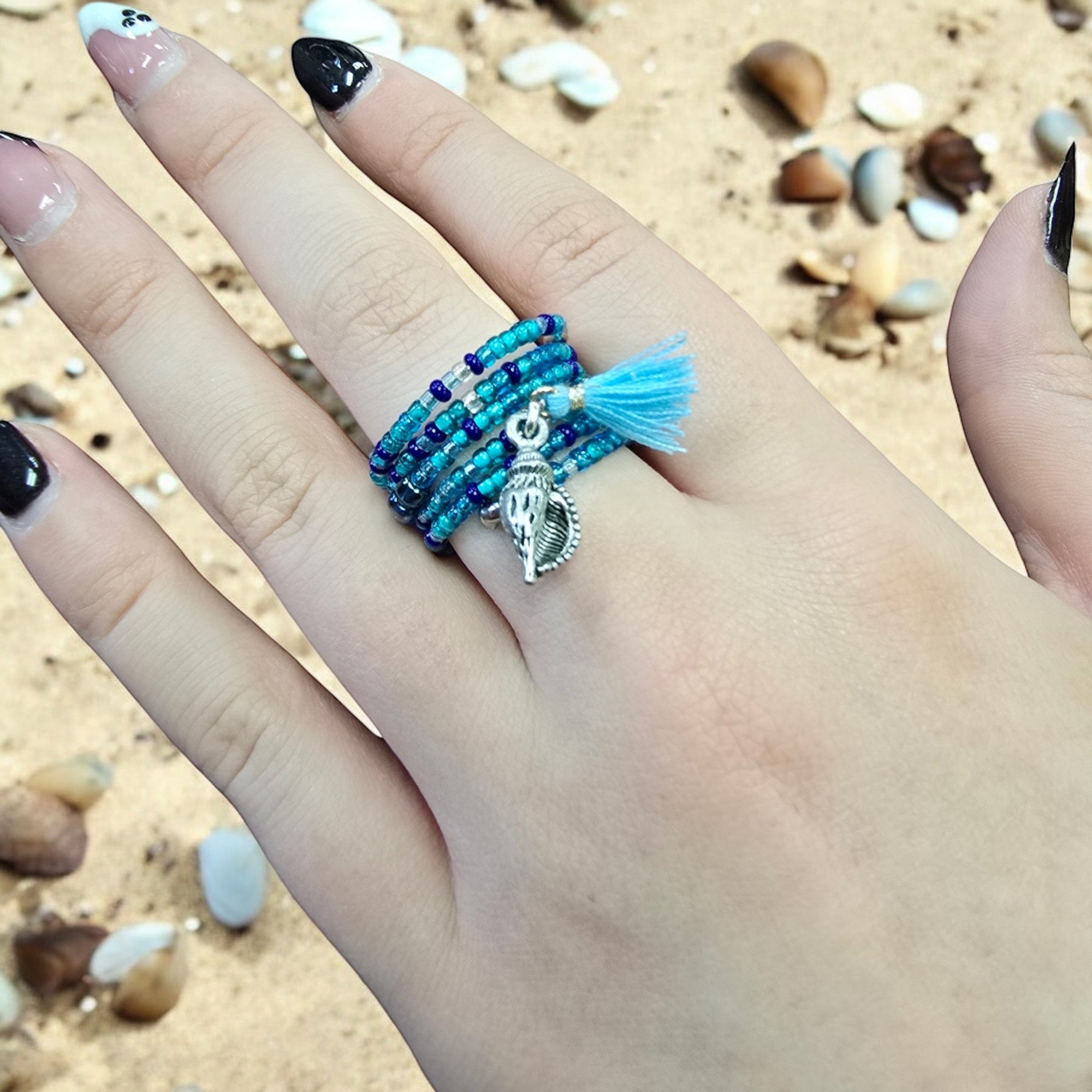 Bohemian Beaded Spiral Ring with Conch Shell Pewter Charm | Unique Handmade Jewelry