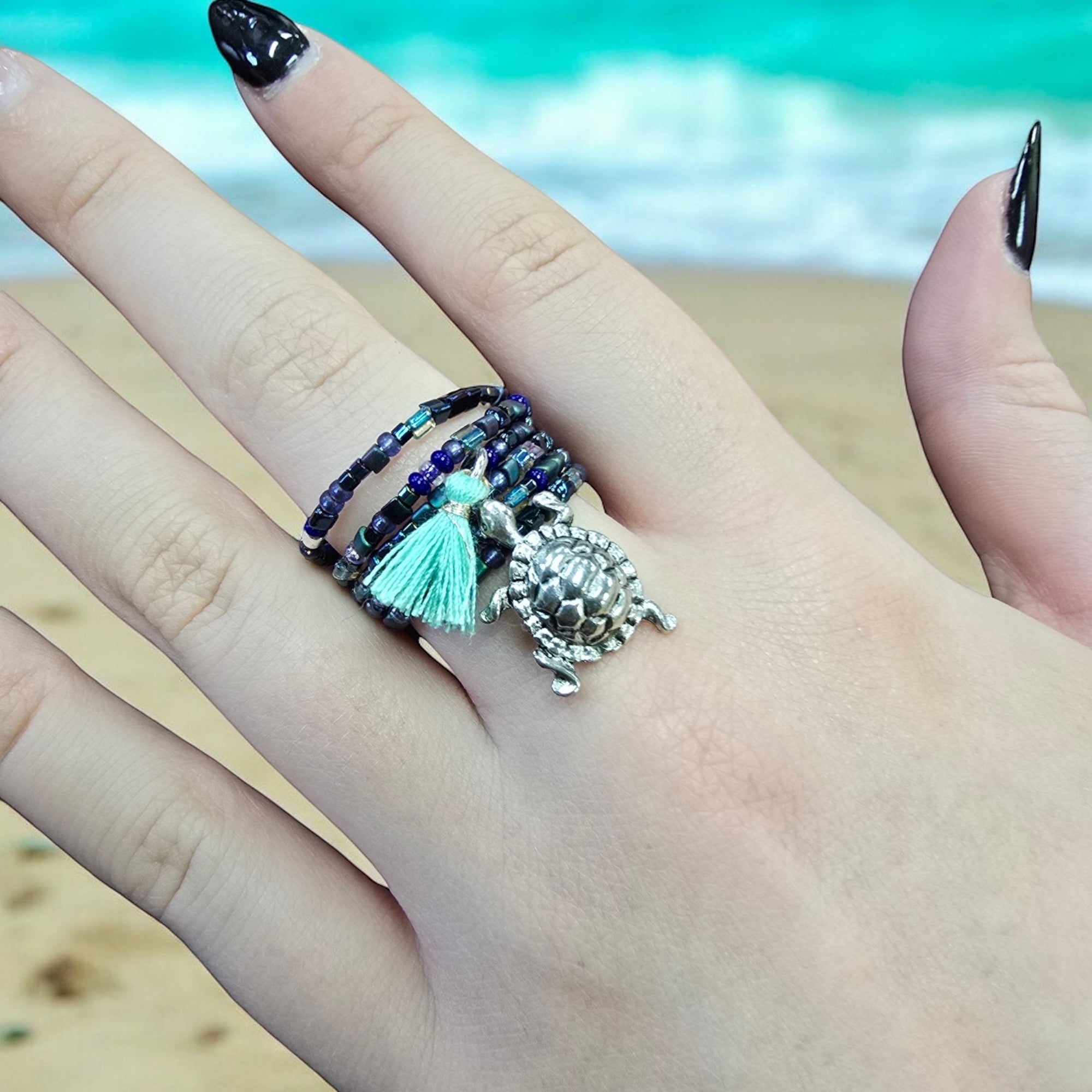 Bohemian Beaded Spiral Ring with Pewter Turtle Charm | Unique Handmade Jewelry