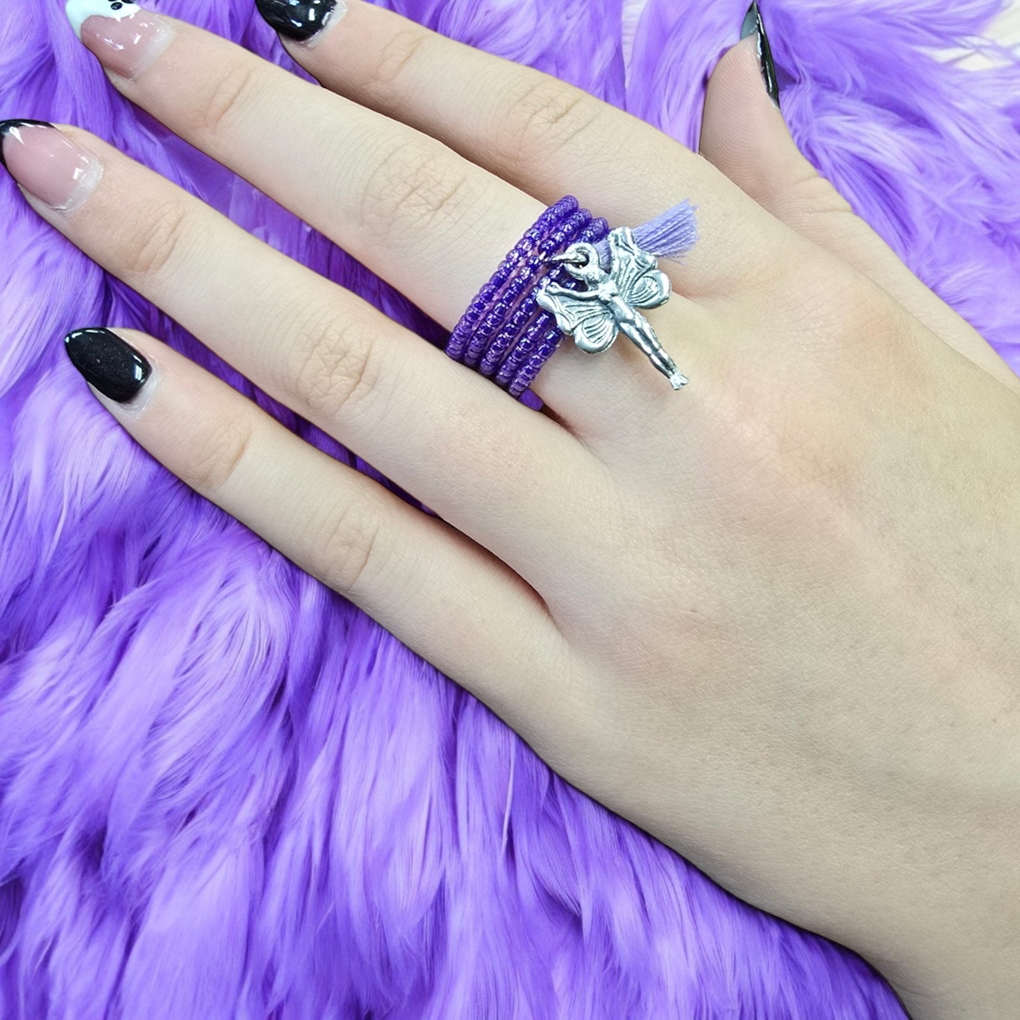 Whimsical Beaded Spiral Ring with Pewter Fairy Charm | Unique Handmade Jewelry