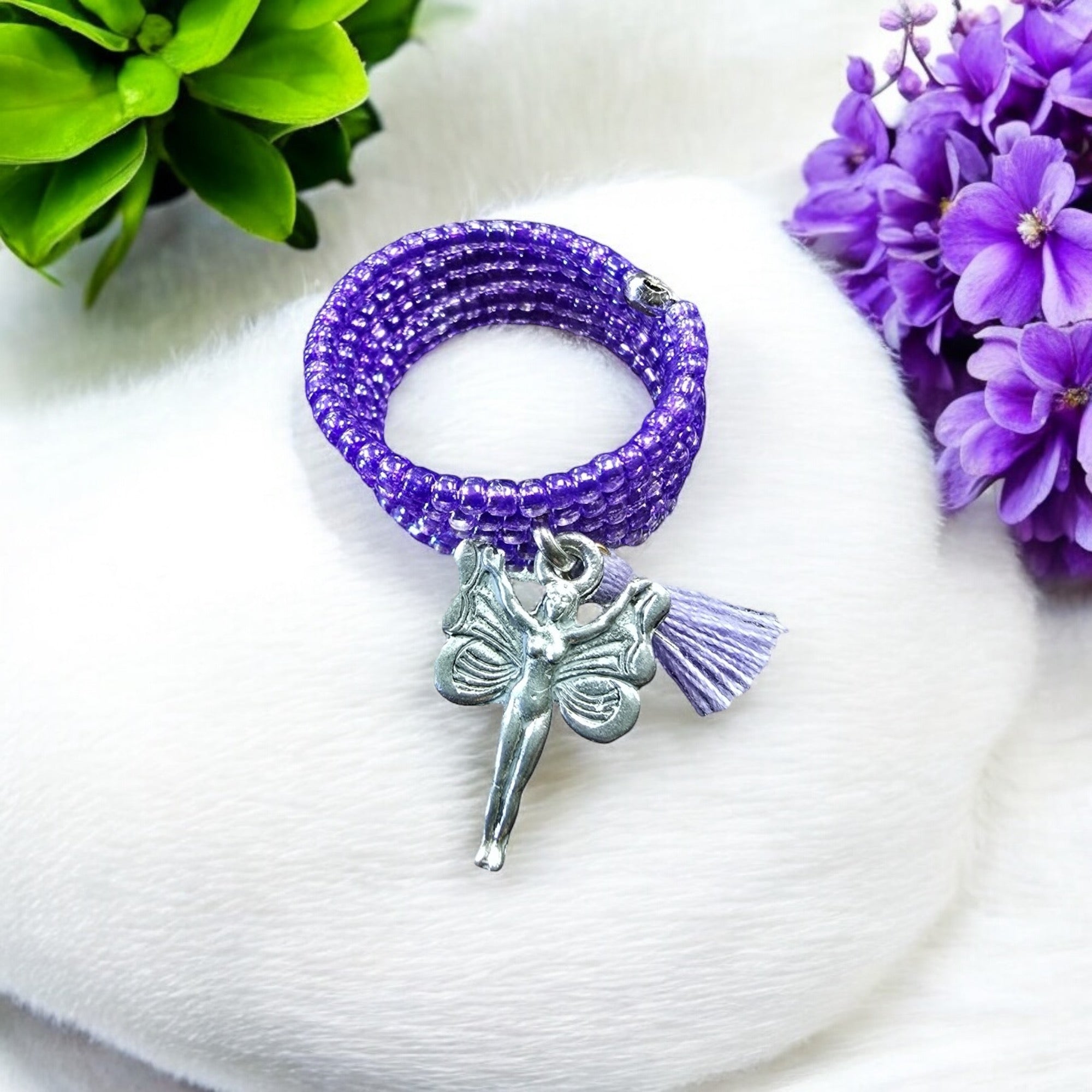 Whimsical Beaded Spiral Ring with Pewter Fairy Charm | Unique Handmade Jewelry