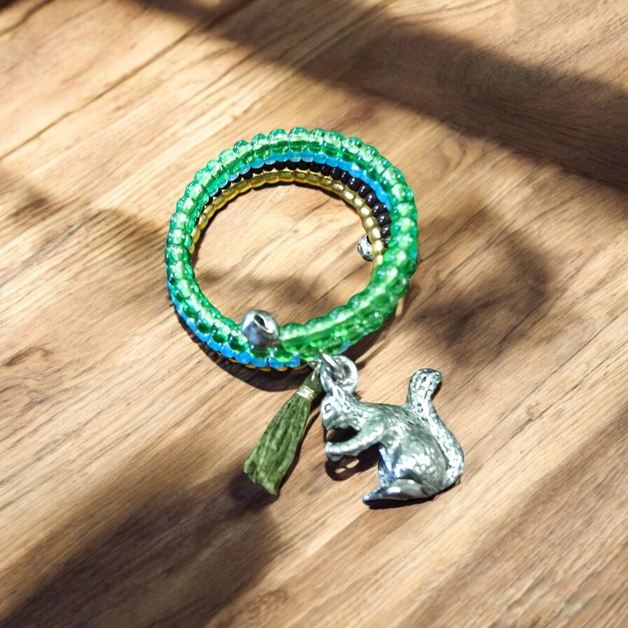 Bohemian Beaded Spiral Ring with Pewter Squirrel Charm | Unique Handmade Jewelry
