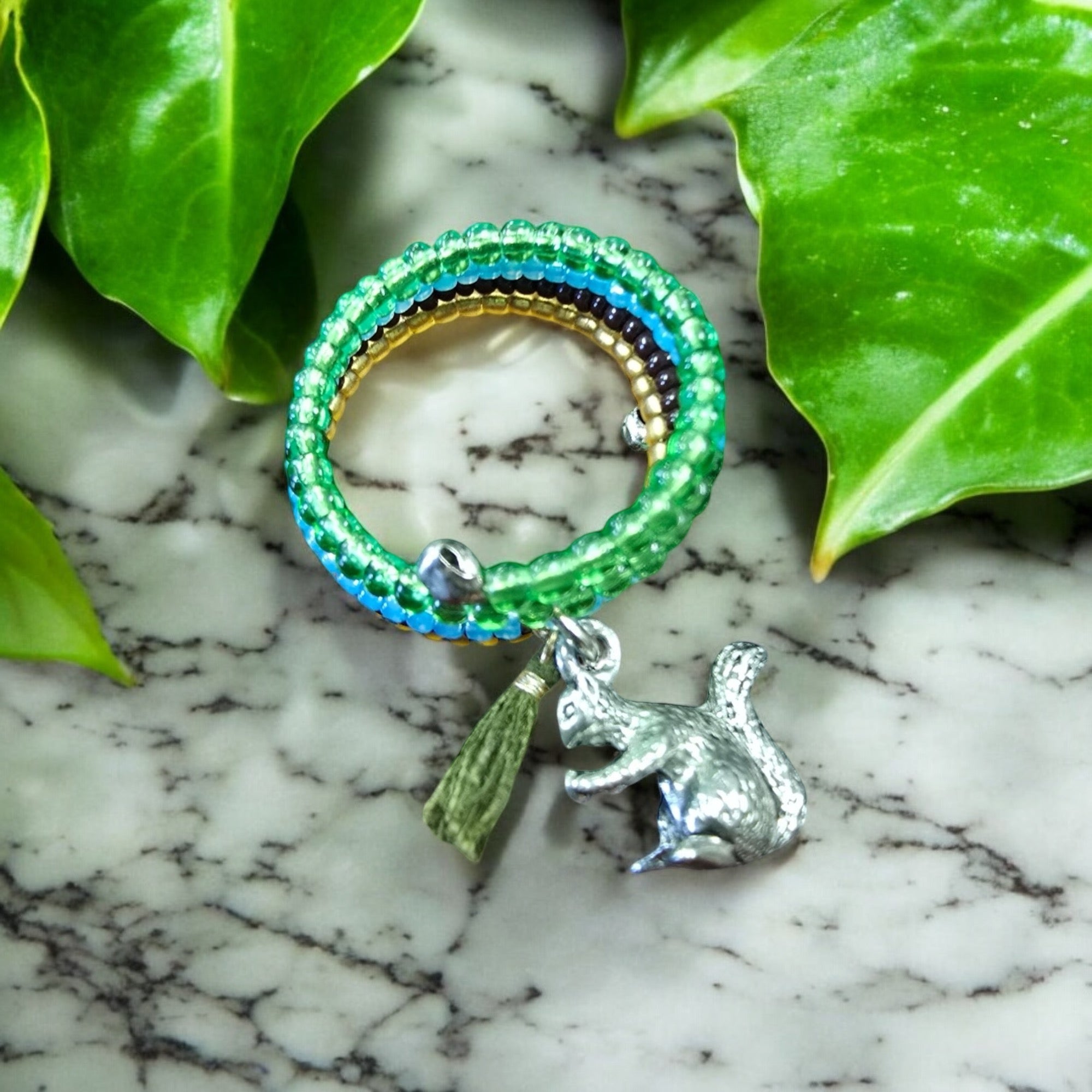 Bohemian Beaded Spiral Ring with Pewter Squirrel Charm | Unique Handmade Jewelry